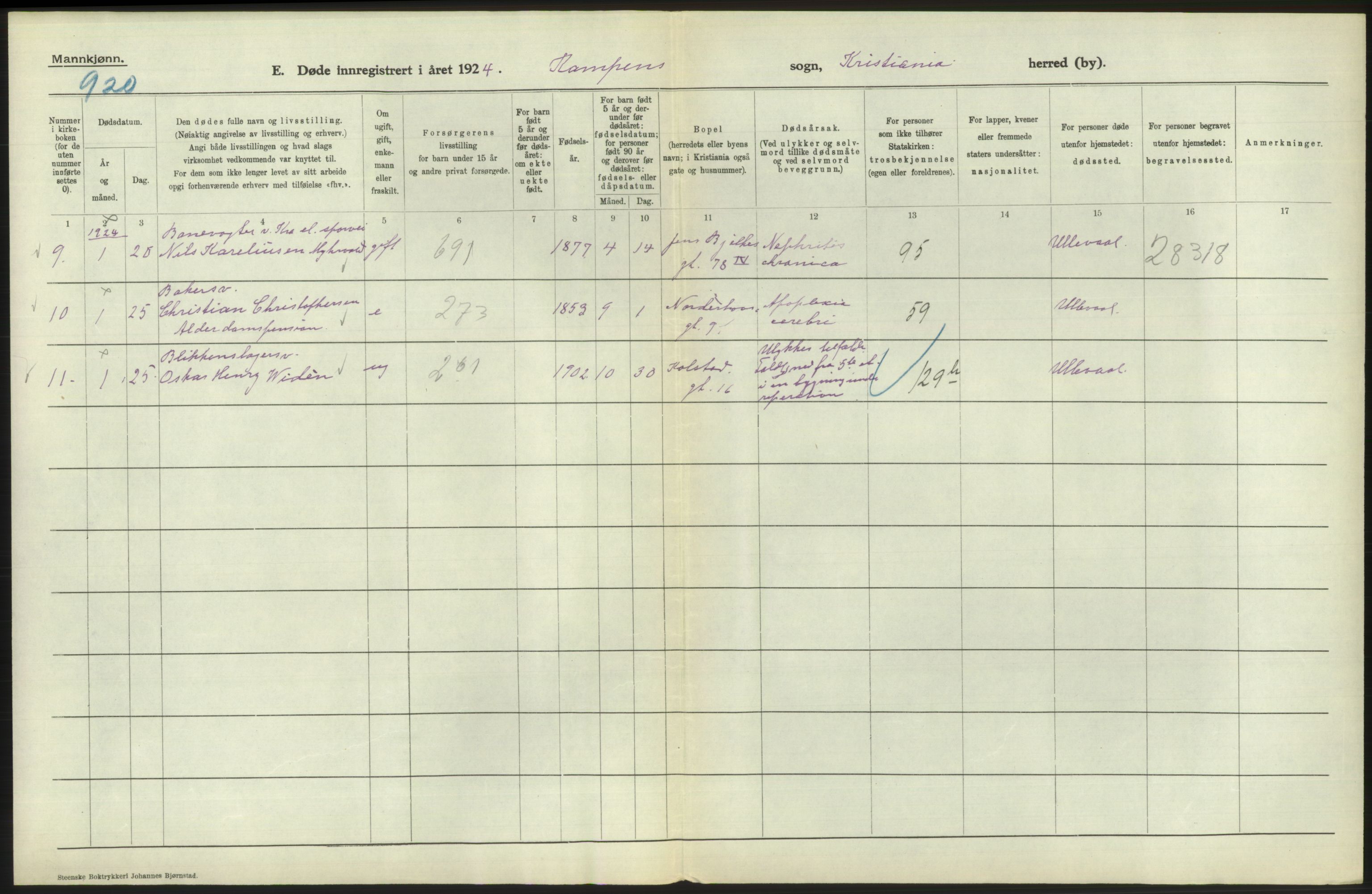 Statistisk sentralbyrå, Sosiodemografiske emner, Befolkning, RA/S-2228/D/Df/Dfc/Dfcd/L0008: Kristiania: Døde menn, 1924, s. 402