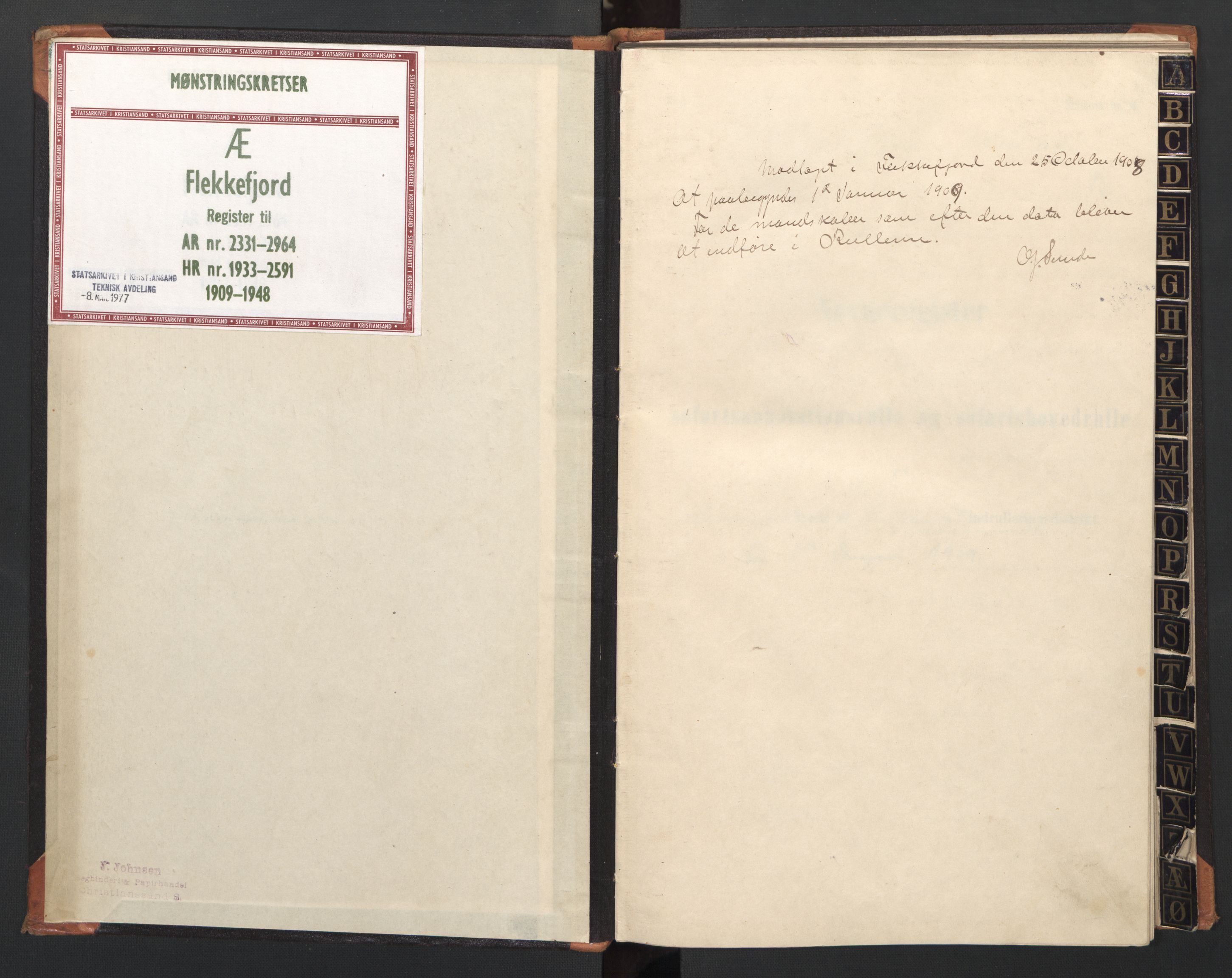 Flekkefjord mønstringskrets, SAK/2031-0018/F/Fb/L0014: Register til annotasjonsrulle nr 2331-2964 og hovedrulle nr 1933-2591, Æ-11, 1909-1948, s. 2