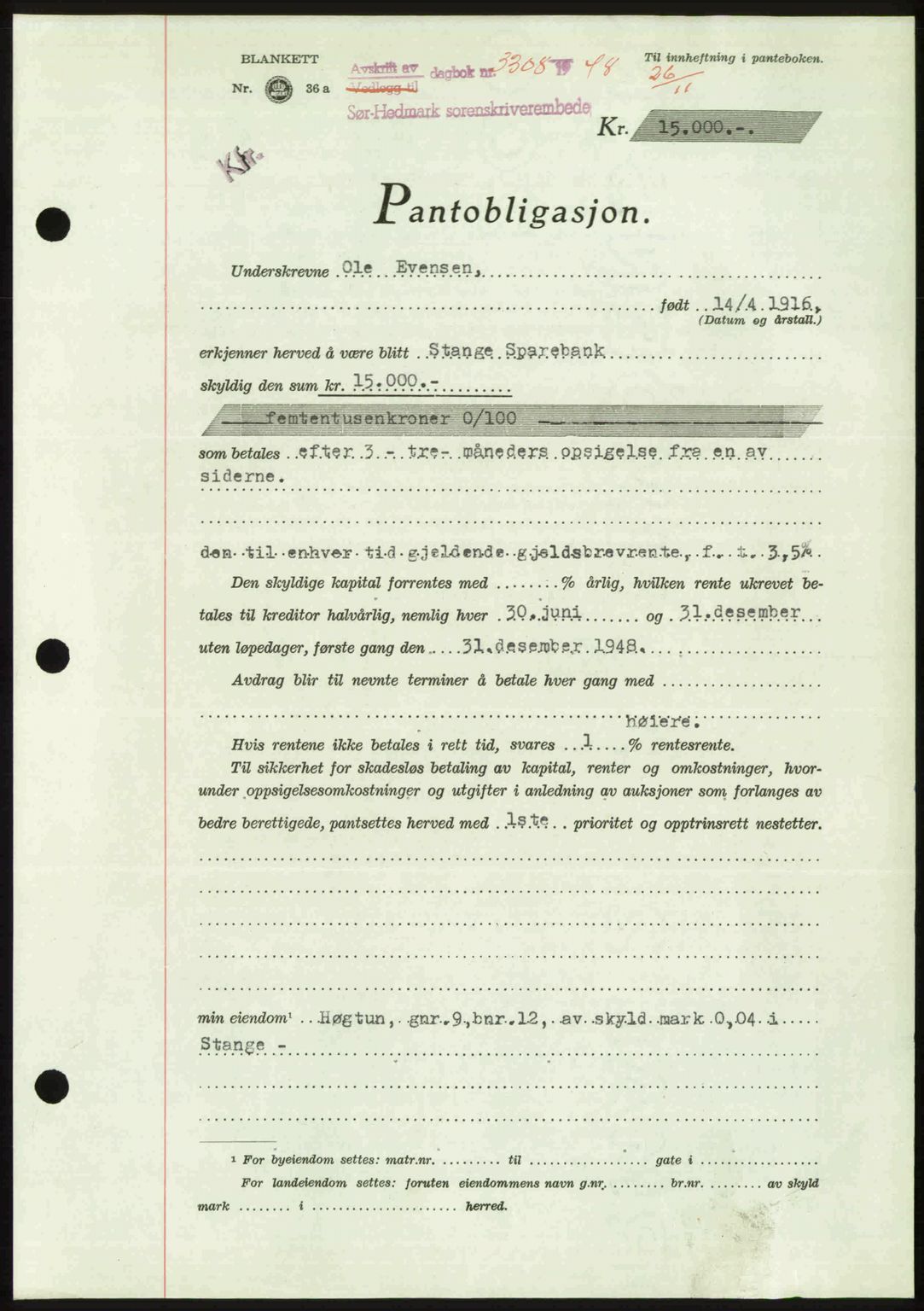 Sør-Hedmark sorenskriveri, SAH/TING-014/H/Hb/Hbd/L0018: Pantebok nr. 18, 1948-1949, Dagboknr: 3308/1948