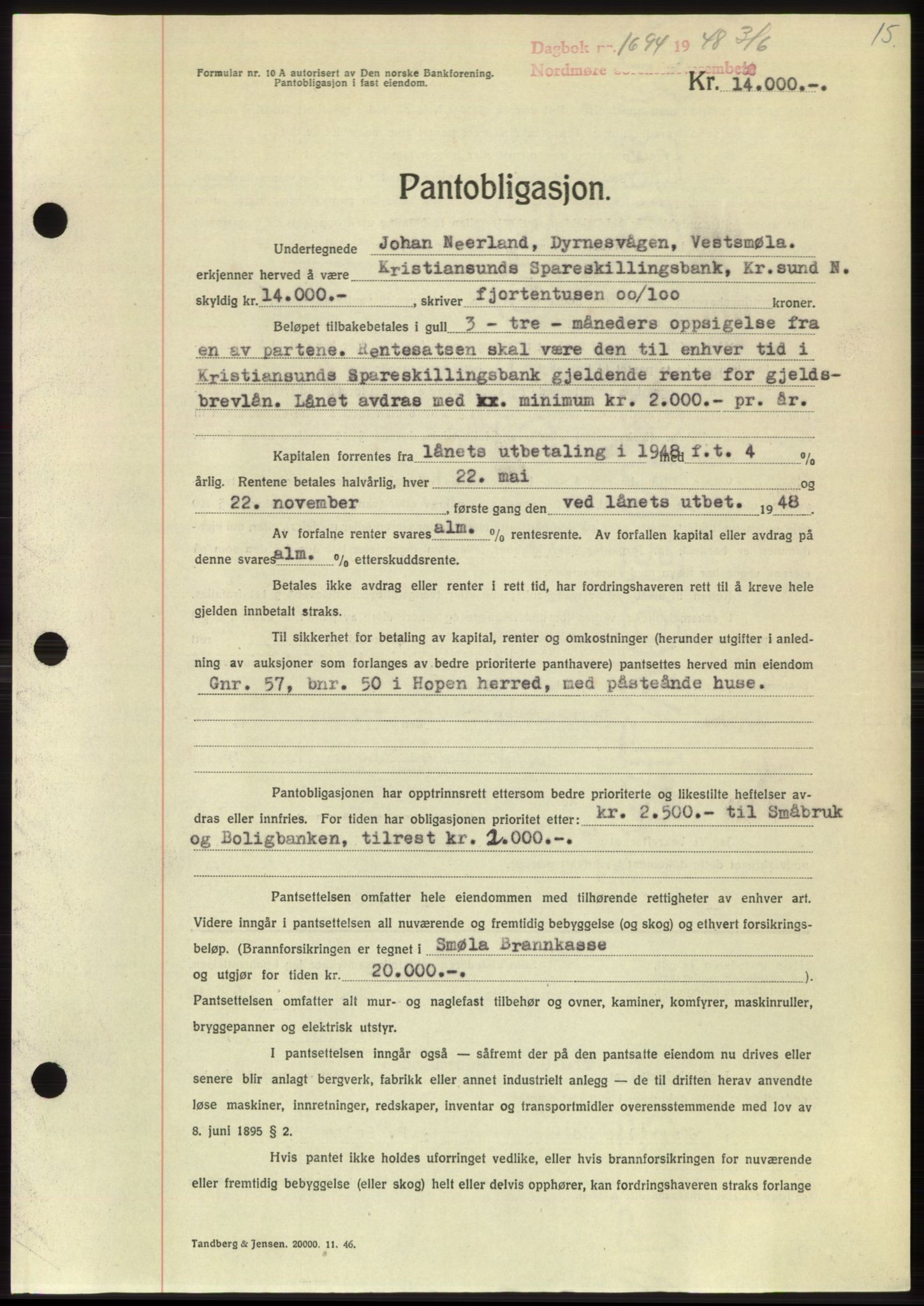 Nordmøre sorenskriveri, SAT/A-4132/1/2/2Ca: Pantebok nr. B99, 1948-1948, Dagboknr: 1694/1948