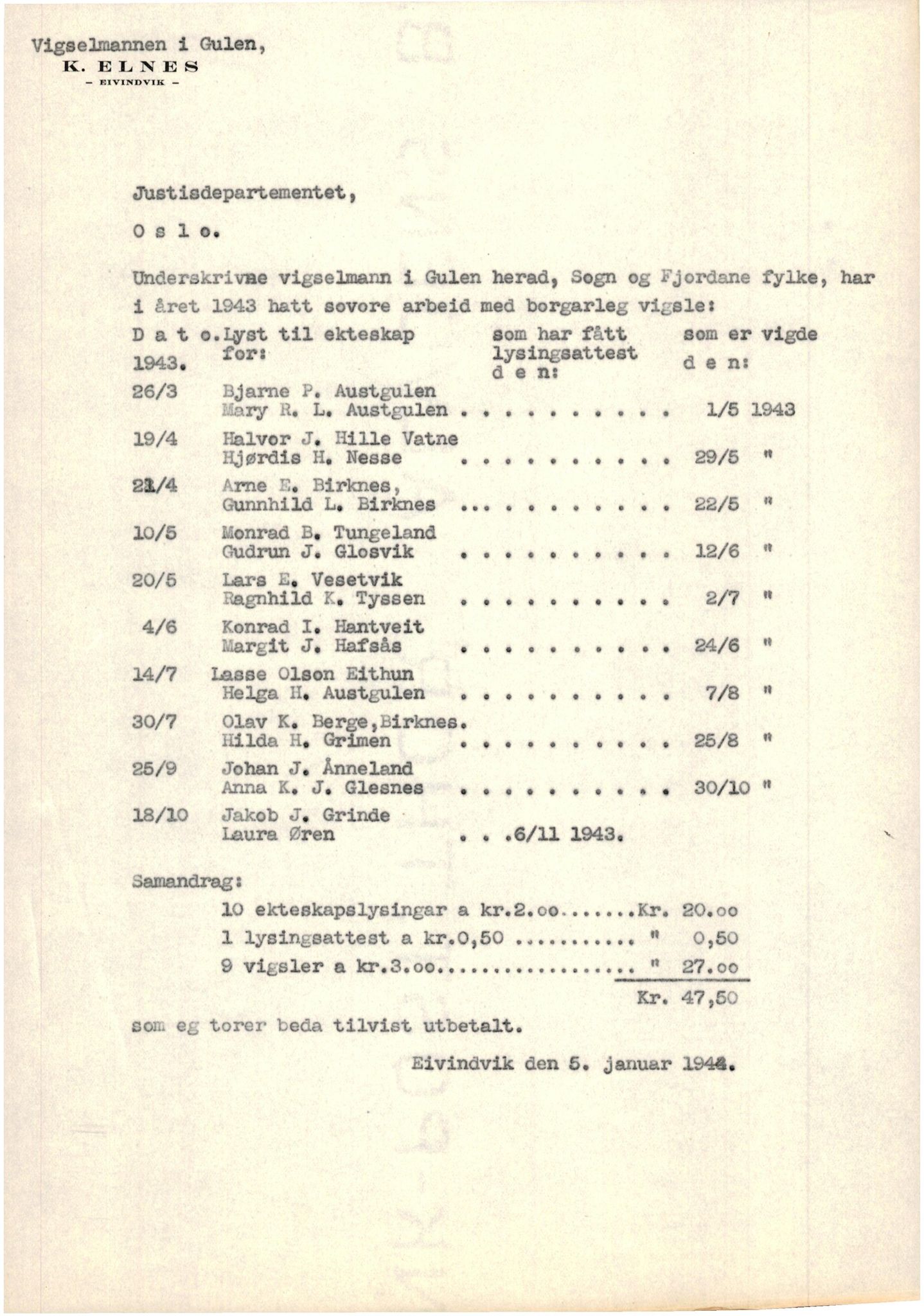 Ytre Sogn tingrett, AV/SAB-A-2601/1/M/Ma/L0003: Vigselsbok, 1943-1945