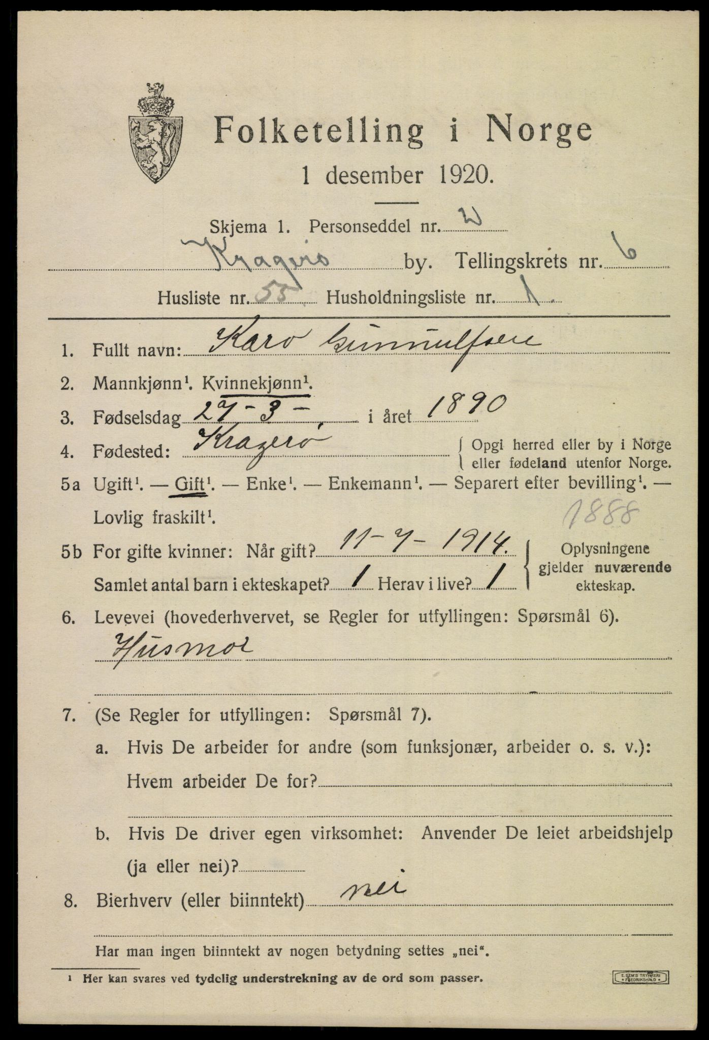 SAKO, Folketelling 1920 for 0801 Kragerø kjøpstad, 1920, s. 9695