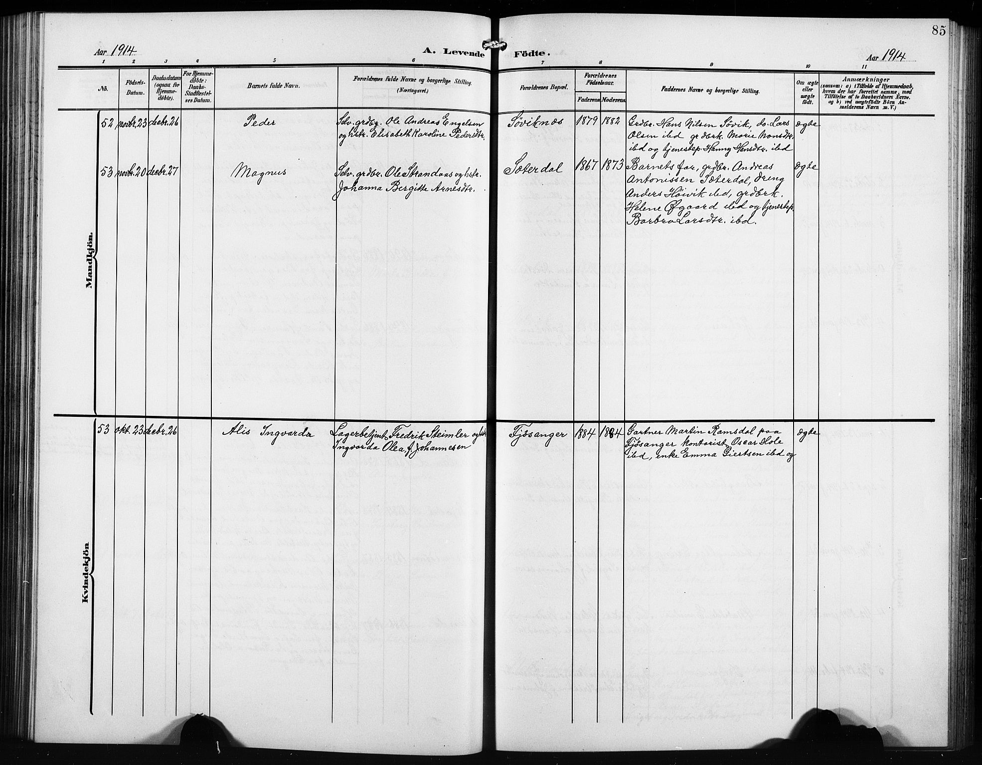 Birkeland Sokneprestembete, AV/SAB-A-74601/H/Hab: Klokkerbok nr. A 6, 1906-1915, s. 85