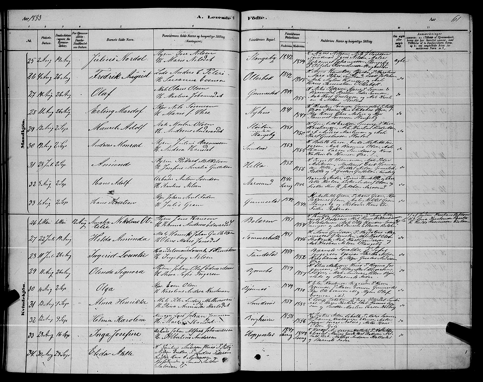 Nøtterøy kirkebøker, AV/SAKO-A-354/G/Ga/L0003: Klokkerbok nr. I 3, 1878-1893, s. 61