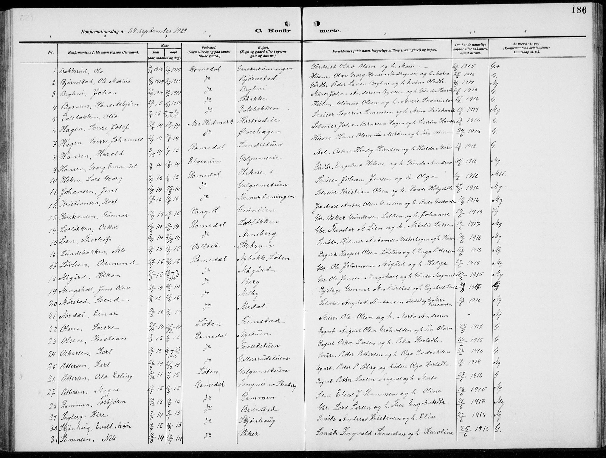 Romedal prestekontor, AV/SAH-PREST-004/L/L0014: Klokkerbok nr. 14, 1915-1939, s. 186