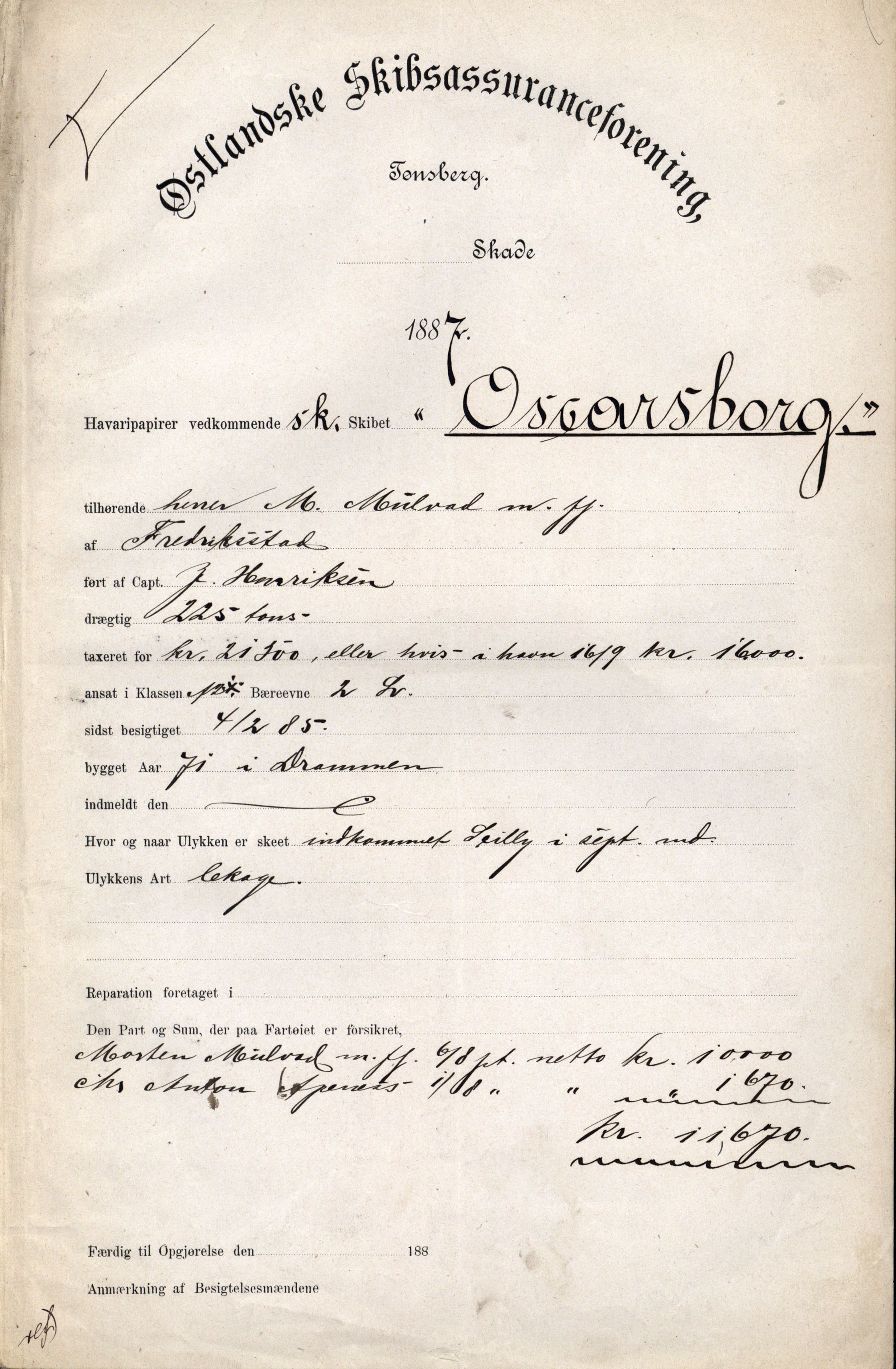 Pa 63 - Østlandske skibsassuranceforening, VEMU/A-1079/G/Ga/L0020/0010: Havaridokumenter / Anna, Silome, Oscarsborg, Memoria, Telegraf, 1887, s. 3