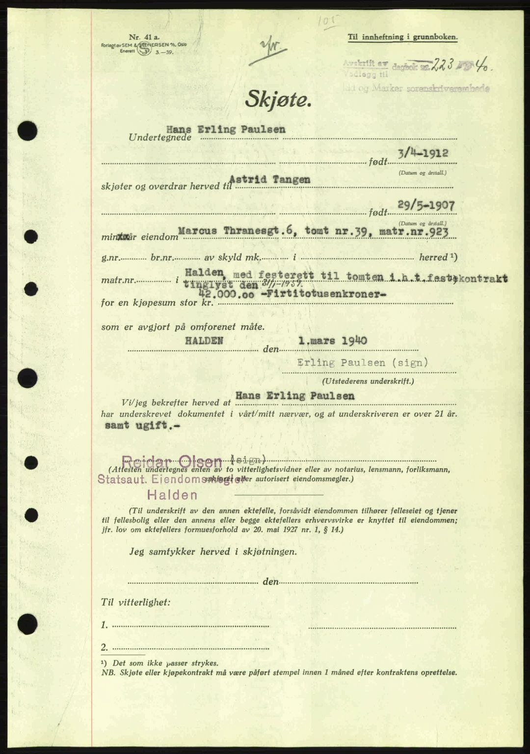 Idd og Marker sorenskriveri, AV/SAO-A-10283/G/Gb/Gbb/L0004: Pantebok nr. A4, 1940-1941, Dagboknr: 223/1940