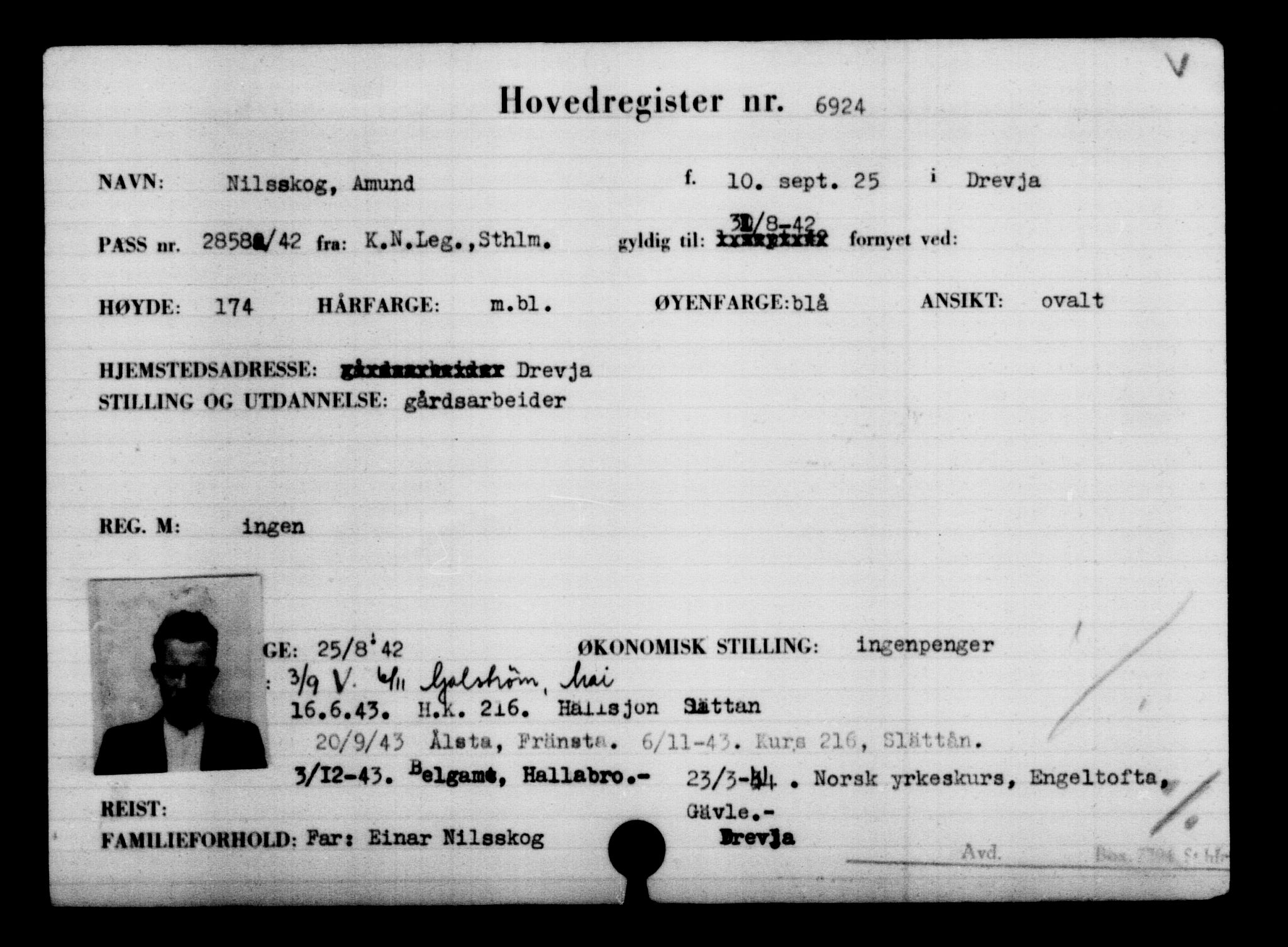 Utenriksstasjonene, Legasjonen i Stockholm, Flyktningkontoret, AV/RA-S-6753/V/Va/L0005: Kjesäterkartoteket, flyktning nr. 6600-9417, 1940-1945, s. 394