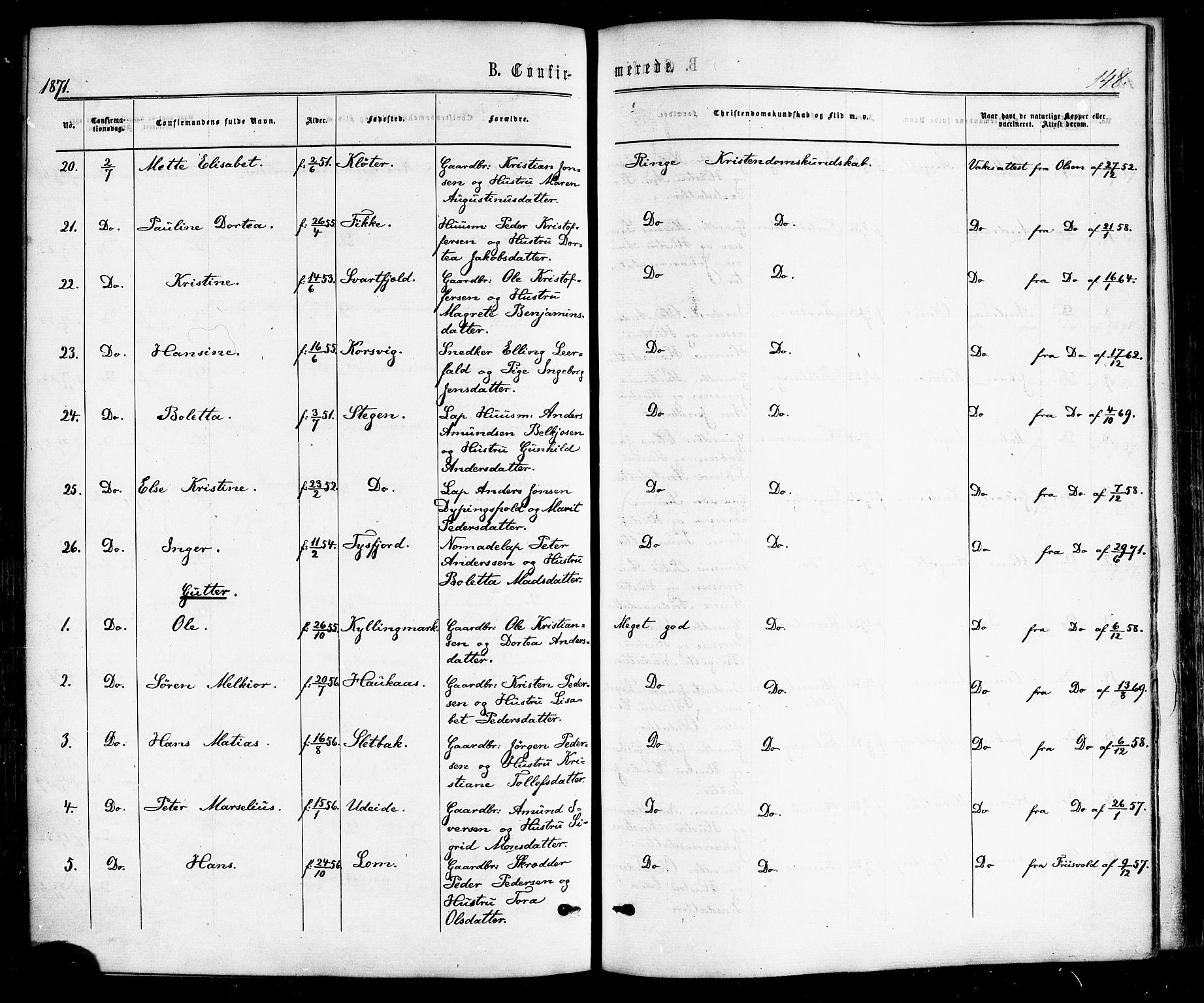 Ministerialprotokoller, klokkerbøker og fødselsregistre - Nordland, SAT/A-1459/859/L0845: Ministerialbok nr. 859A05, 1863-1877, s. 148