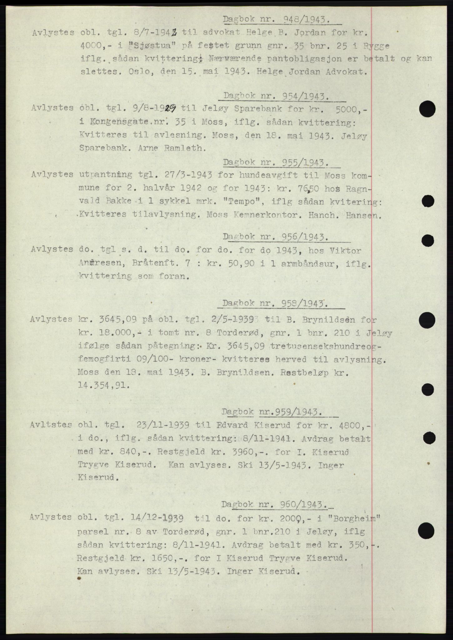 Moss sorenskriveri, SAO/A-10168: Pantebok nr. C10, 1938-1950, Dagboknr: 948/1943