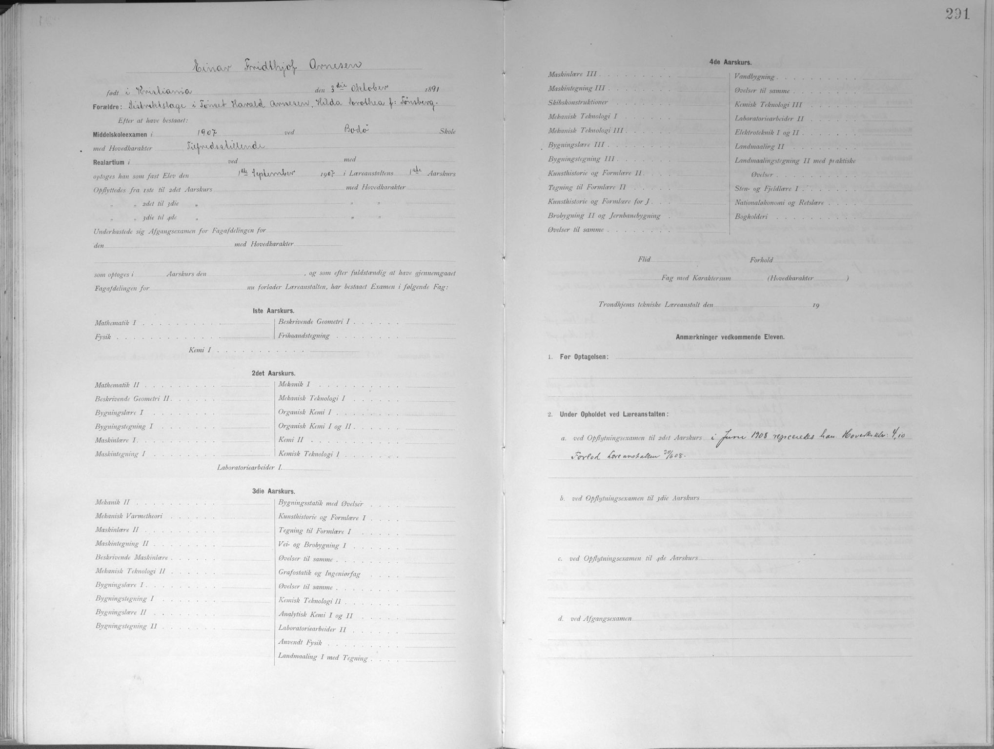Trondhjems tekniske læreanstalt, AV/SAT-A-1622/G/Ga/L0048: Karakterprotokoll, faste elever, 1900-1907