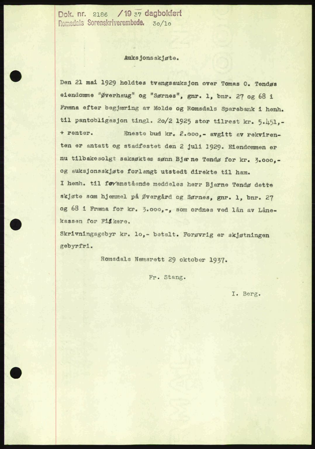 Romsdal sorenskriveri, SAT/A-4149/1/2/2C: Pantebok nr. A4, 1937-1938, Dagboknr: 2186/1937