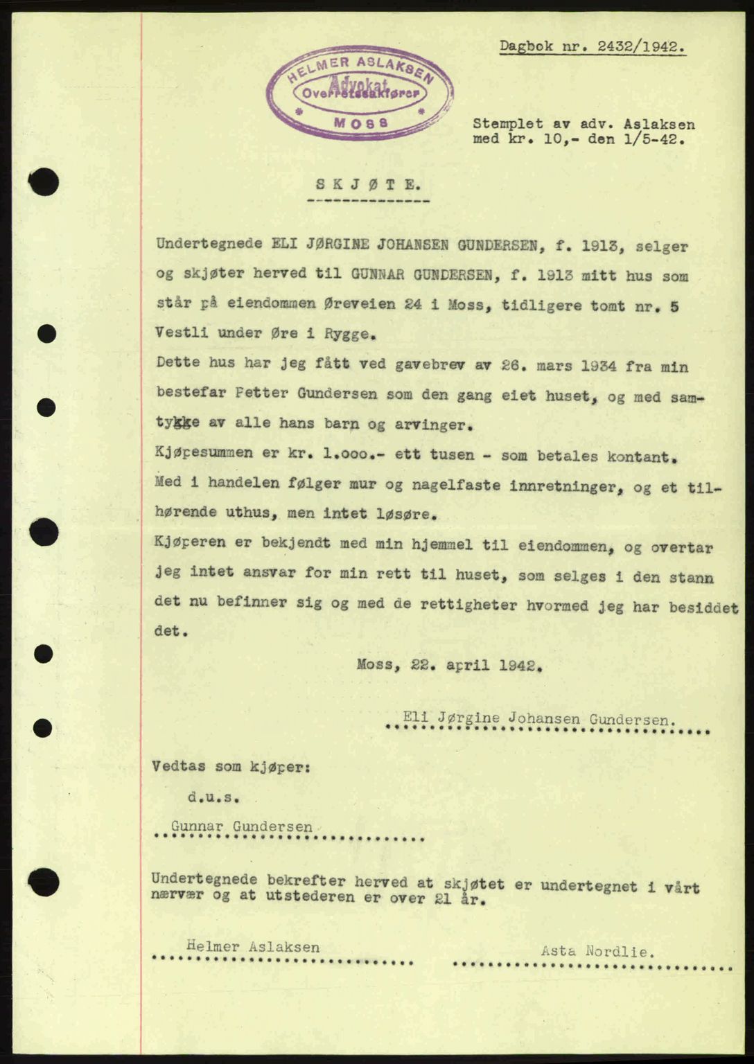 Moss sorenskriveri, SAO/A-10168: Pantebok nr. A10, 1942-1943, Dagboknr: 2432/1942