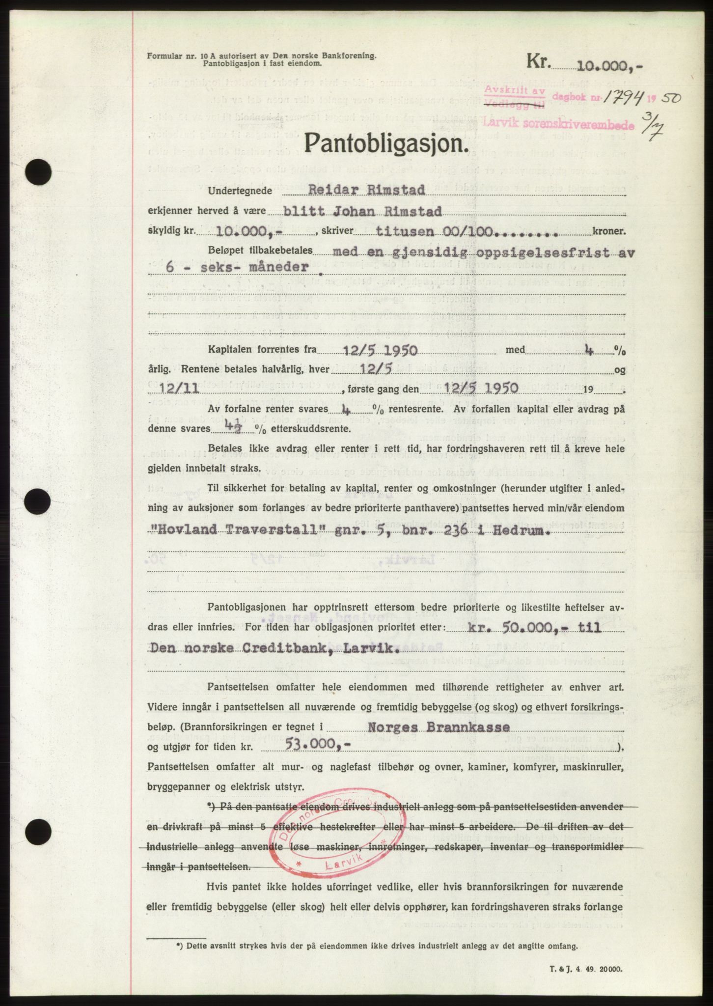 Larvik sorenskriveri, AV/SAKO-A-83/G/Ga/Gac/L0018: Pantebok nr. B-18, 1950-1950, Dagboknr: 1794/1950