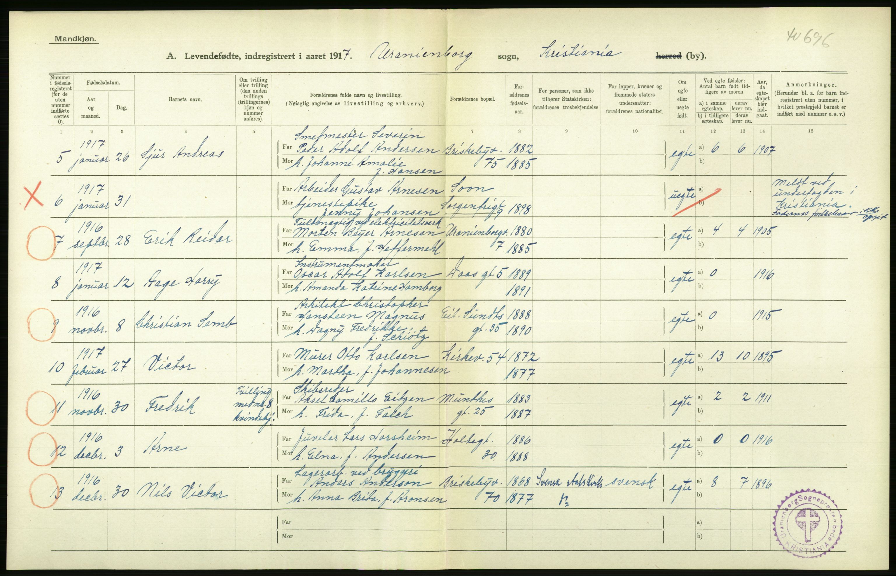 Statistisk sentralbyrå, Sosiodemografiske emner, Befolkning, AV/RA-S-2228/D/Df/Dfb/Dfbg/L0007: Kristiania: Levendefødte menn og kvinner., 1917, s. 284