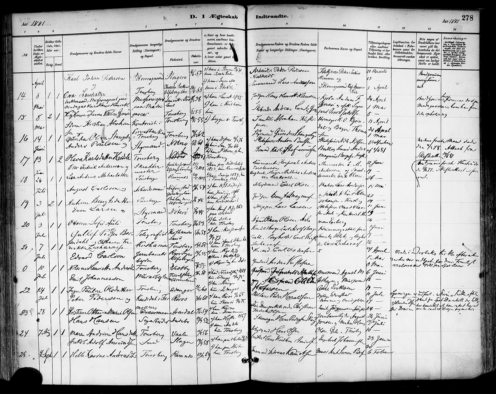 Tønsberg kirkebøker, AV/SAKO-A-330/F/Fa/L0011: Ministerialbok nr. I 11, 1881-1890, s. 278