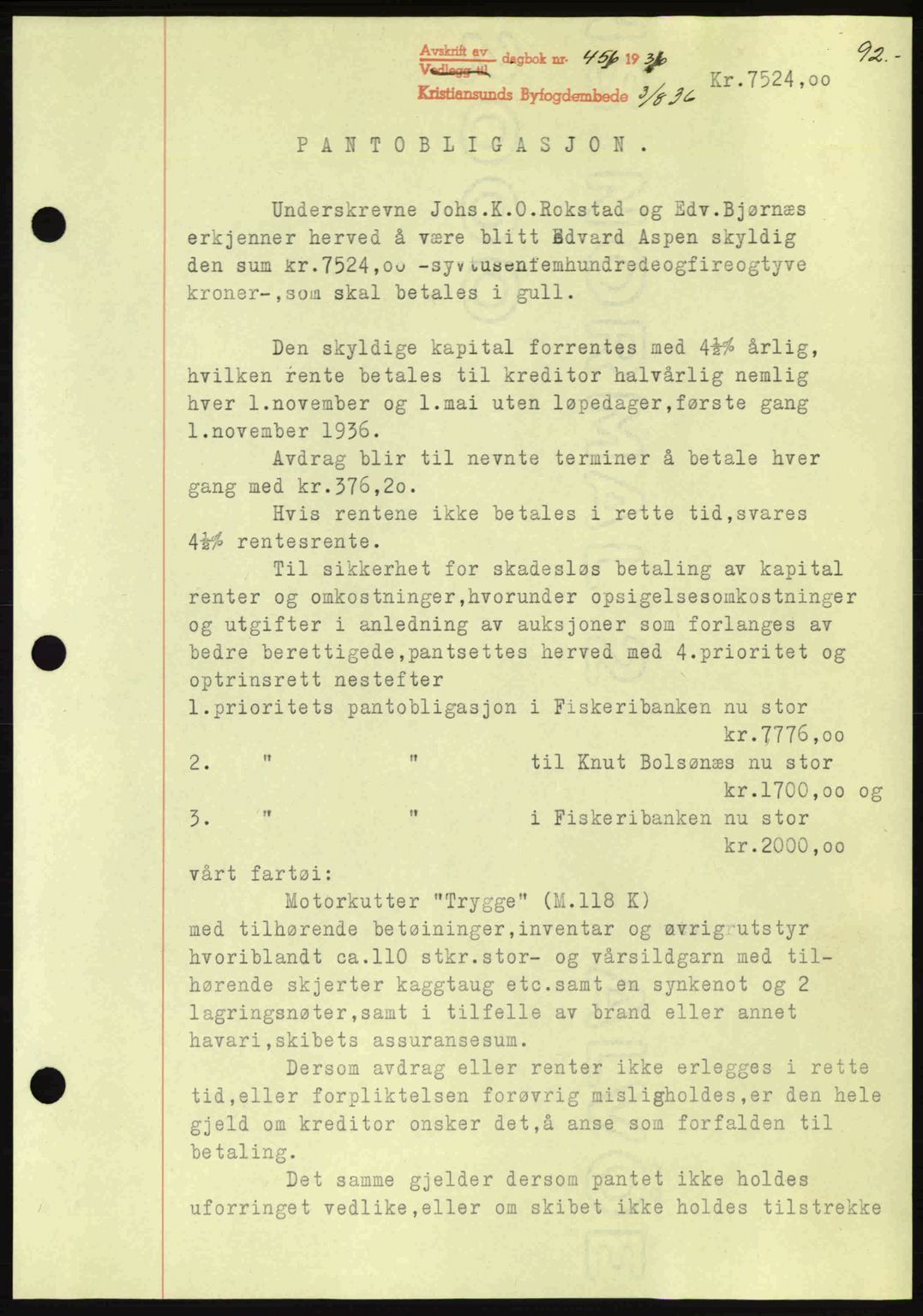 Kristiansund byfogd, AV/SAT-A-4587/A/27: Pantebok nr. 29, 1936-1937, Dagboknr: 456/1936