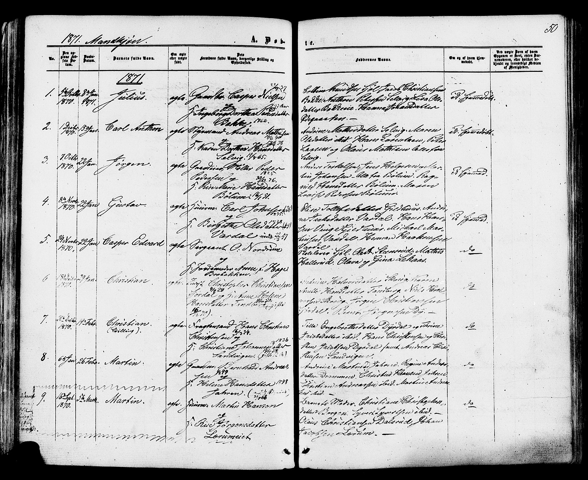 Sande Kirkebøker, AV/SAKO-A-53/F/Fa/L0005: Ministerialbok nr. 5, 1865-1877, s. 50