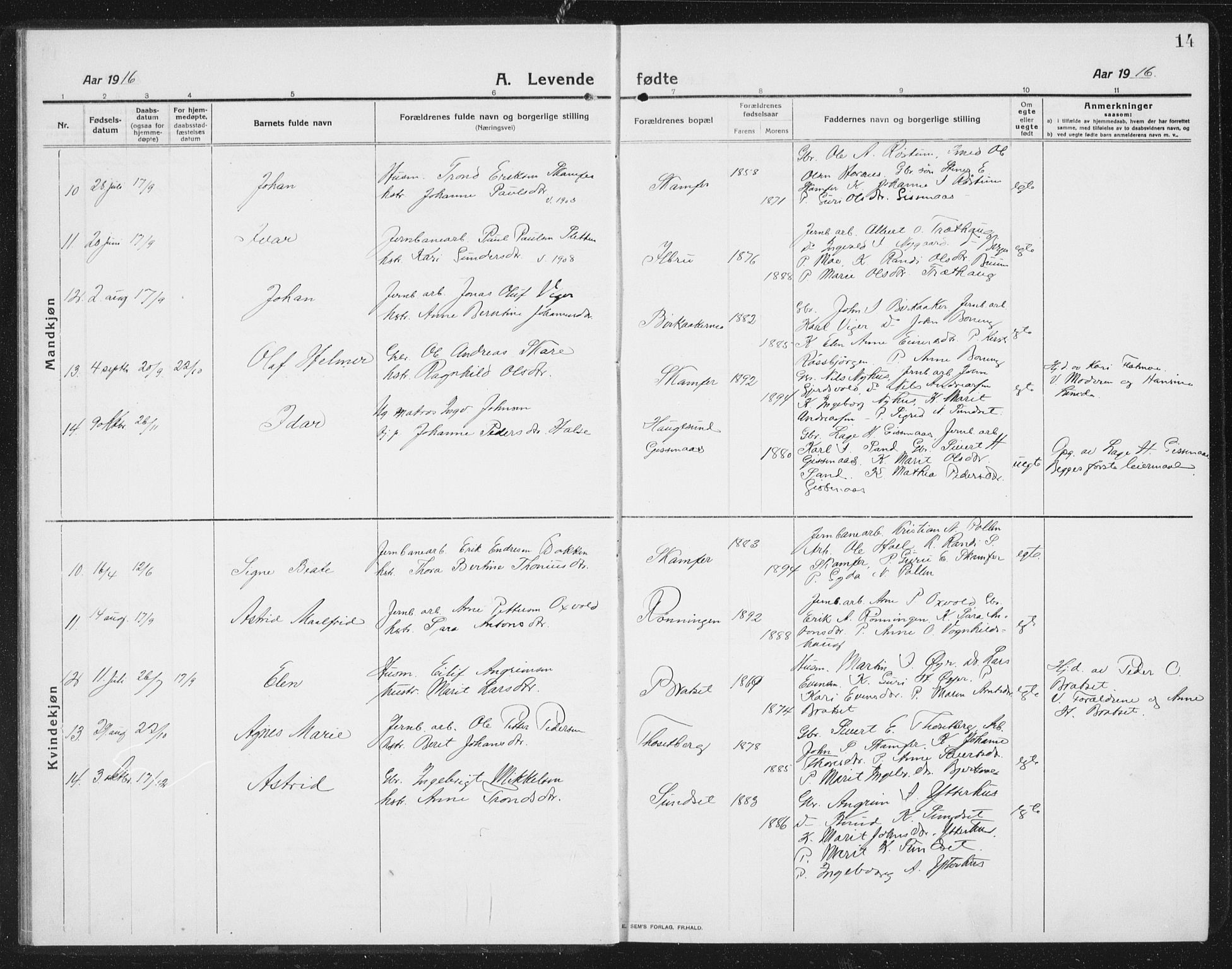 Ministerialprotokoller, klokkerbøker og fødselsregistre - Sør-Trøndelag, AV/SAT-A-1456/675/L0888: Klokkerbok nr. 675C01, 1913-1935, s. 14
