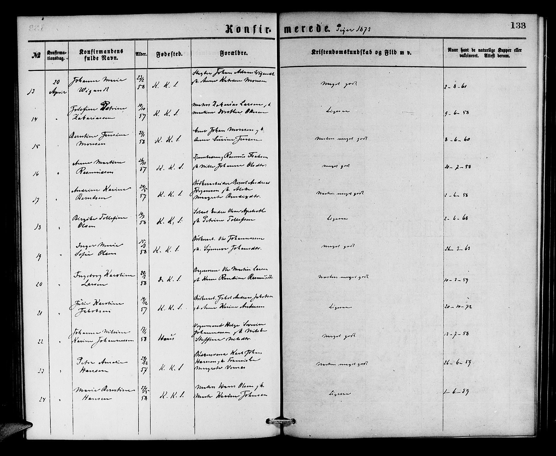 Korskirken sokneprestembete, SAB/A-76101/H/Hab: Klokkerbok nr. C 2, 1869-1879, s. 133