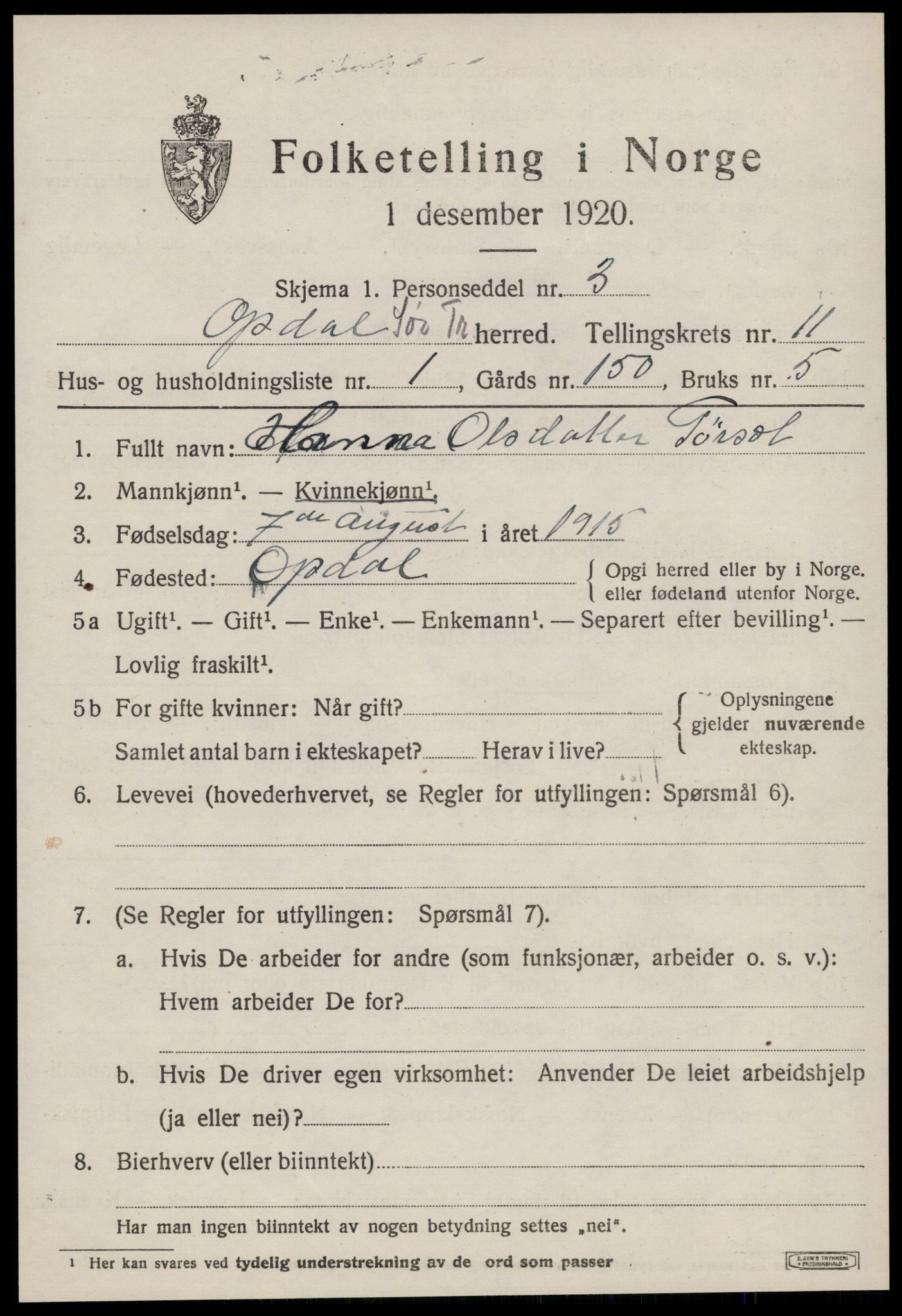 SAT, Folketelling 1920 for 1634 Oppdal herred, 1920, s. 9215