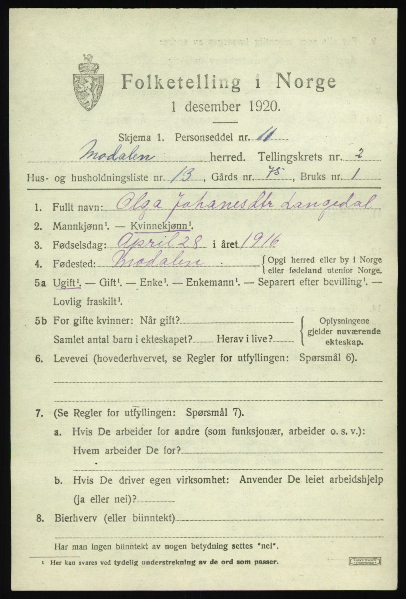 SAB, Folketelling 1920 for 1252 Modalen herred, 1920, s. 522