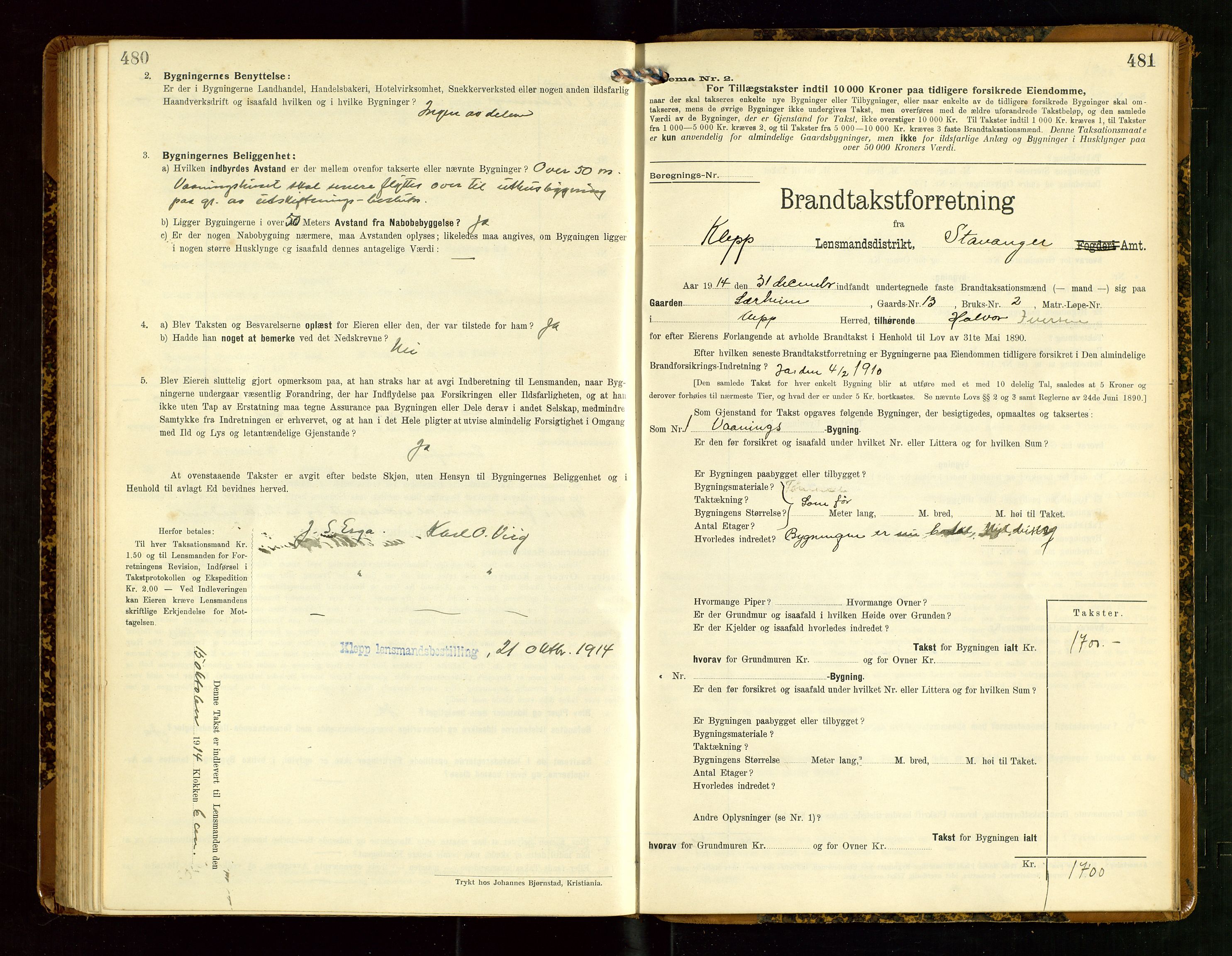 Klepp lensmannskontor, AV/SAST-A-100163/Goc/L0007: "Brandtaxationsprotokol" m/register, 1911-1915, s. 480-481