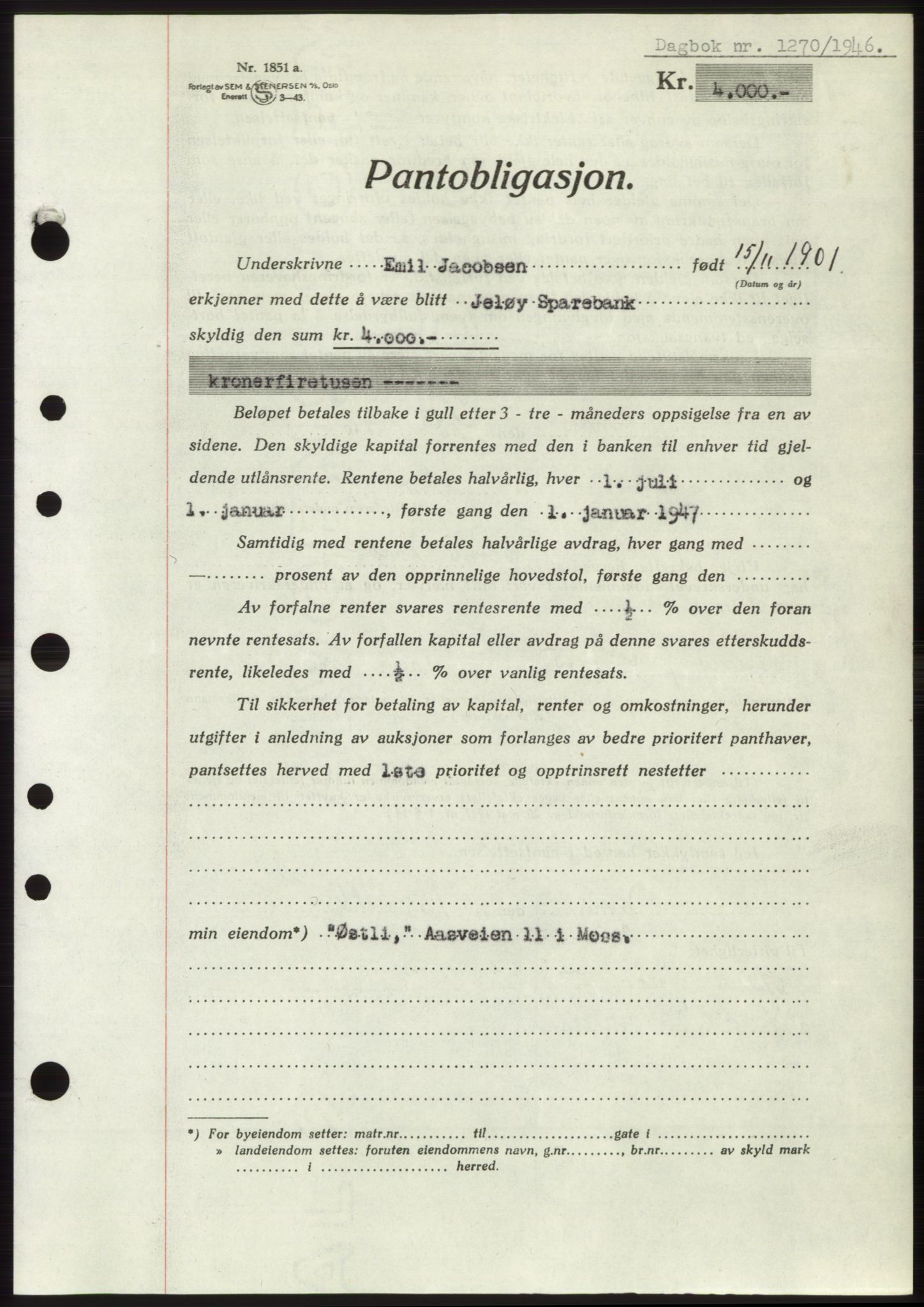 Moss sorenskriveri, SAO/A-10168: Pantebok nr. B15, 1946-1946, Dagboknr: 1270/1946