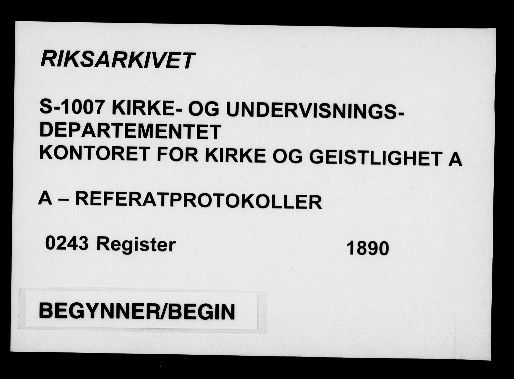 Kirke- og undervisningsdepartementet, Kontoret  for kirke og geistlighet A, RA/S-1007/A/Aa/L0243: Register, 1890