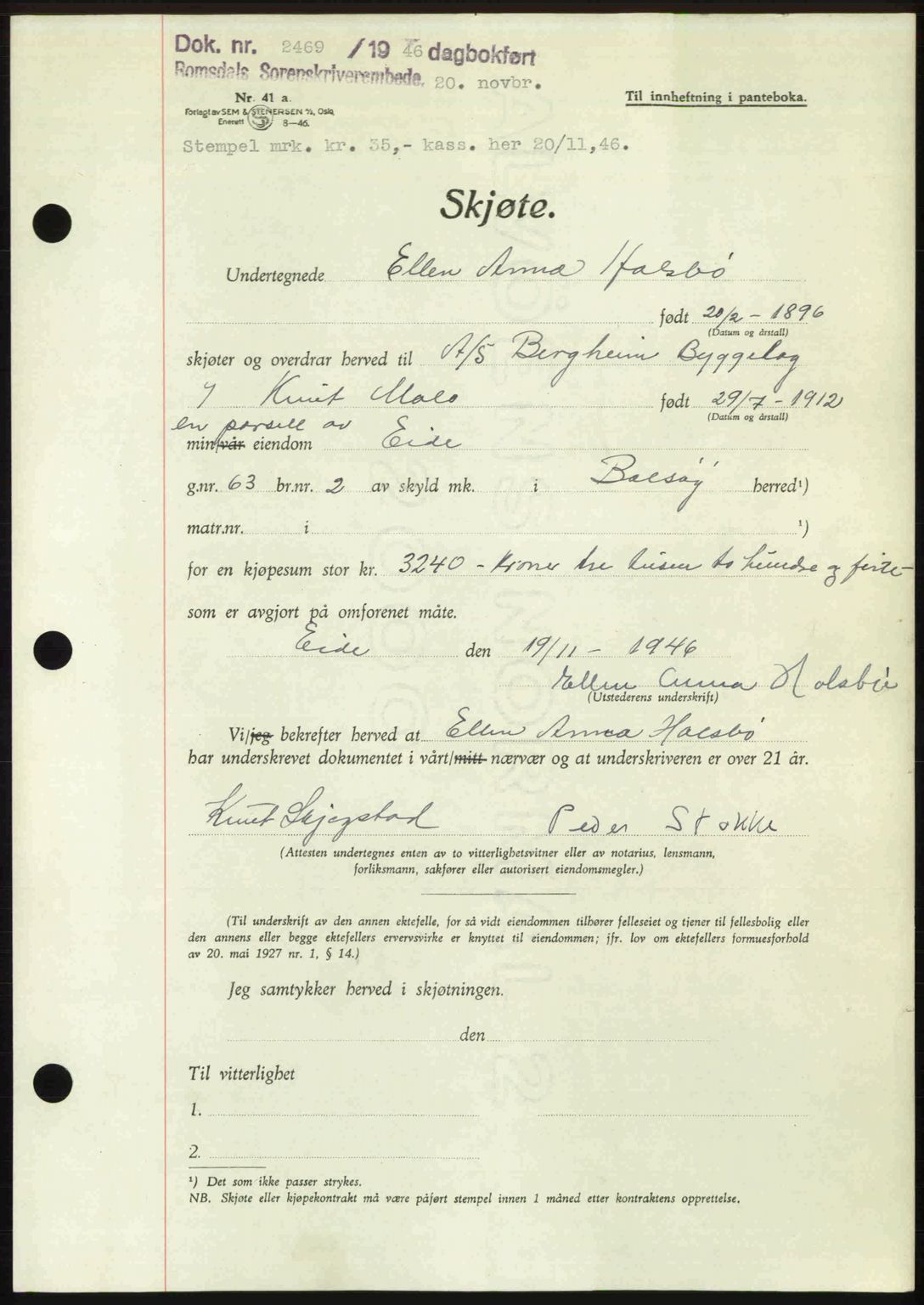 Romsdal sorenskriveri, AV/SAT-A-4149/1/2/2C: Pantebok nr. A21, 1946-1946, Dagboknr: 2469/1946