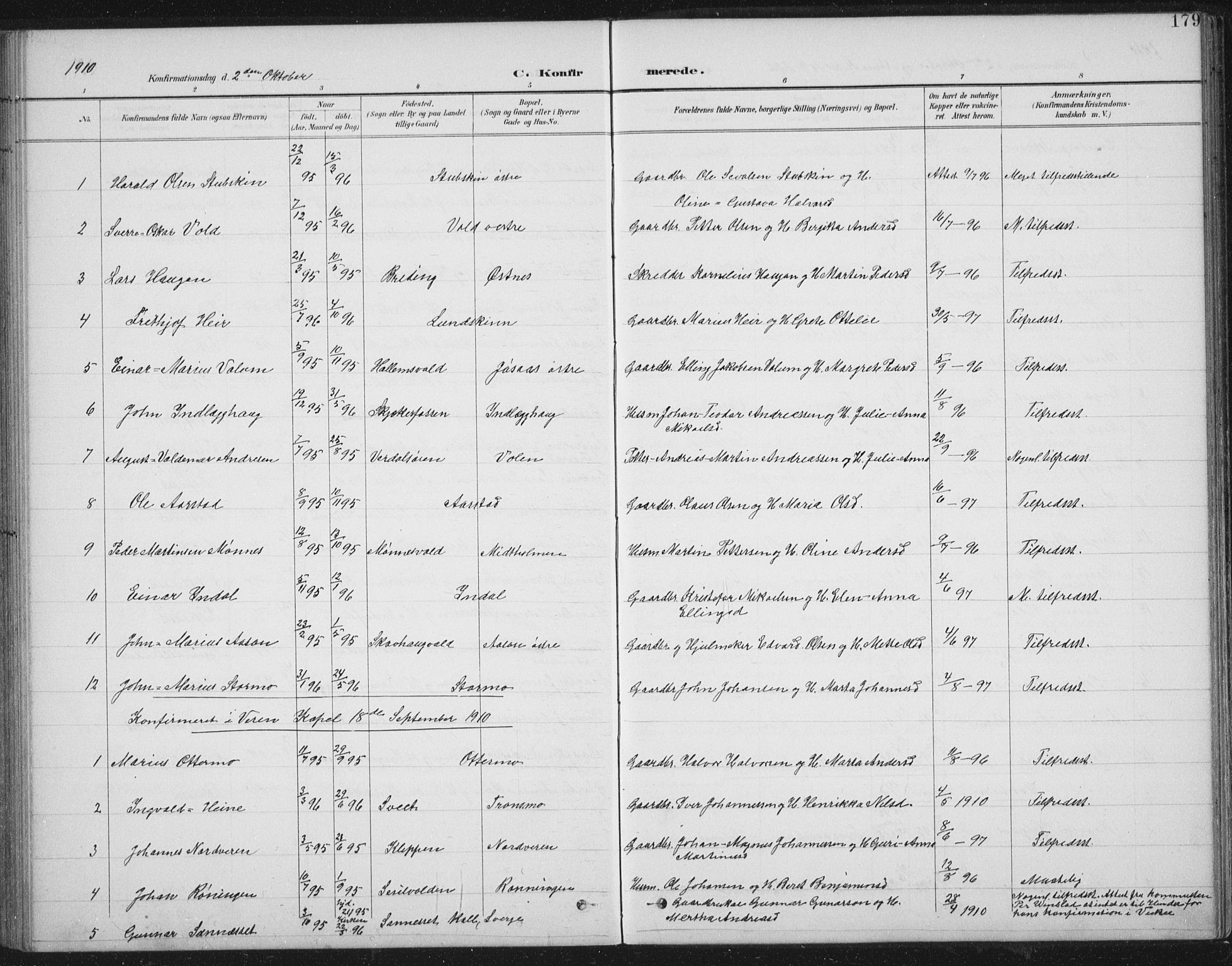 Ministerialprotokoller, klokkerbøker og fødselsregistre - Nord-Trøndelag, SAT/A-1458/724/L0269: Klokkerbok nr. 724C05, 1899-1920, s. 179