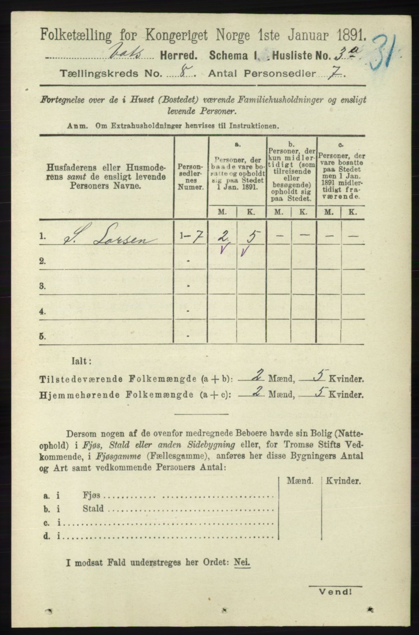 RA, Folketelling 1891 for 1155 Vats herred, 1891, s. 1303