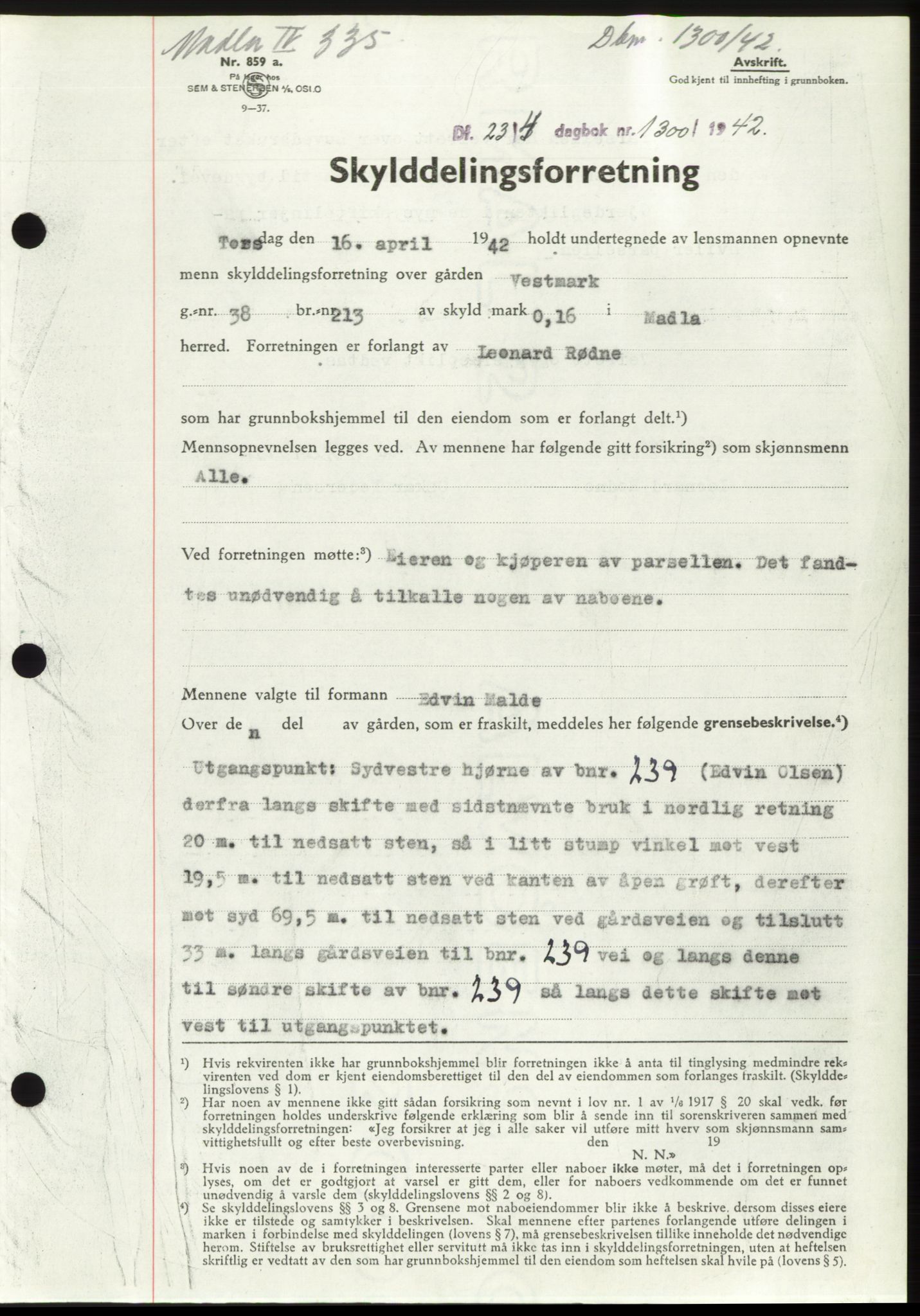 Jæren sorenskriveri, SAST/A-100310/03/G/Gba/L0082: Pantebok, 1942-1942, Dagboknr: 1300/1942