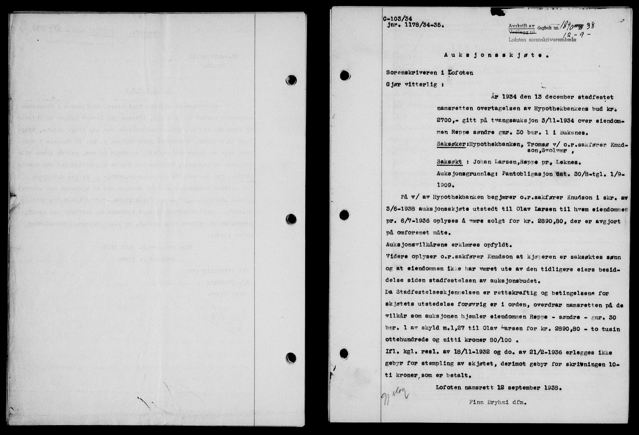 Lofoten sorenskriveri, SAT/A-0017/1/2/2C/L0004a: Pantebok nr. 4a, 1938-1938, Dagboknr: 1890/1938