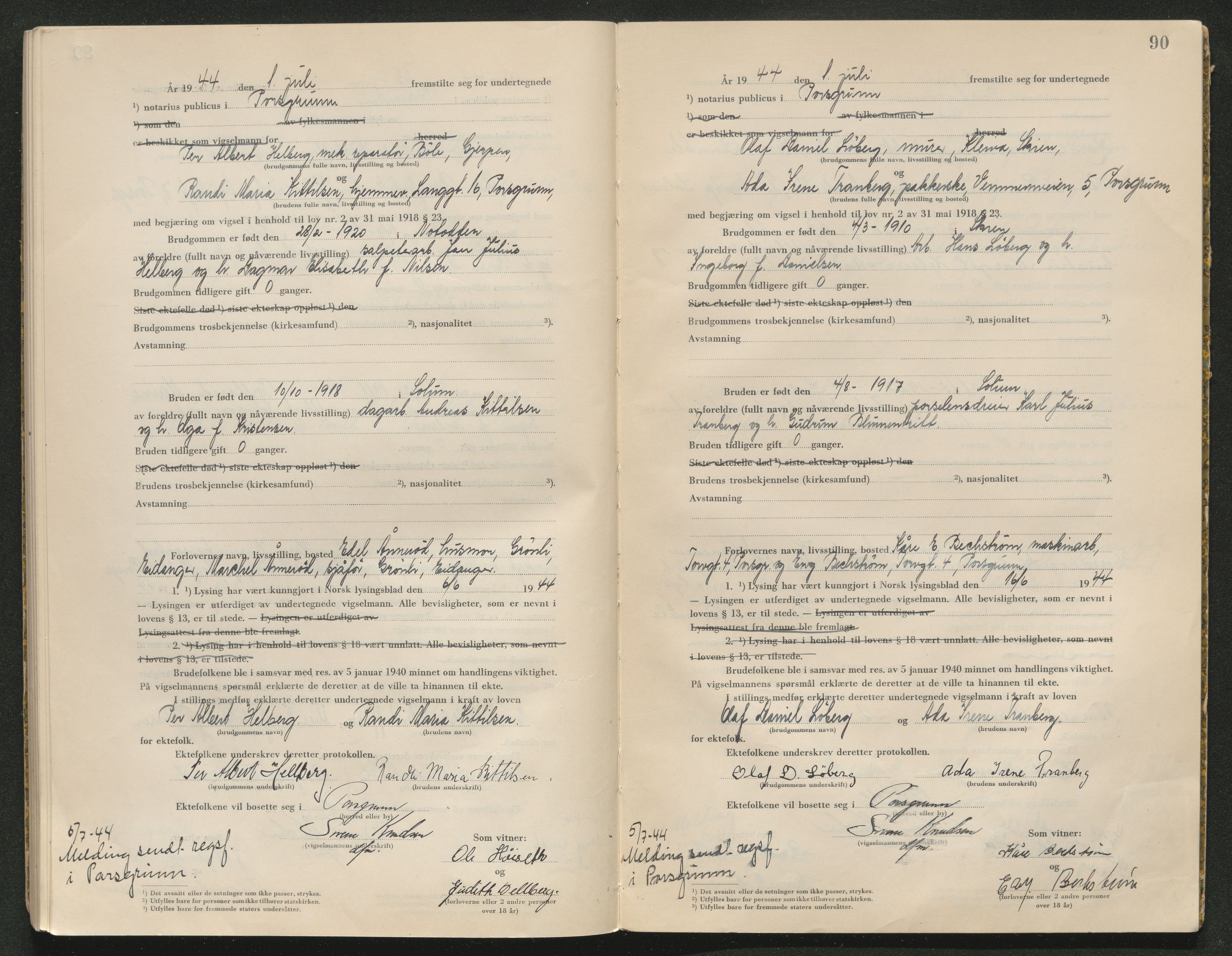 Gjerpen sorenskriveri, SAKO/A-216/L/Lb/L0001: Vigselsprotokoll, 1920-1948, s. 90