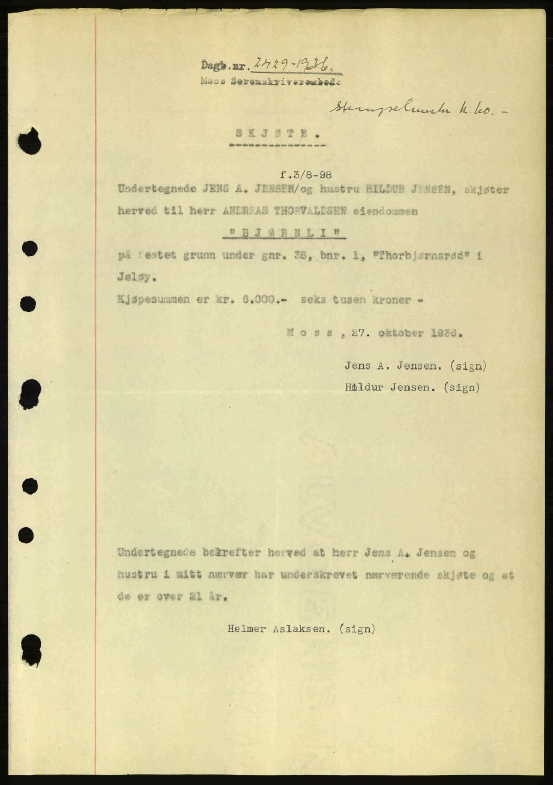 Moss sorenskriveri, SAO/A-10168: Pantebok nr. A2, 1936-1937, Dagboknr: 2429/1936