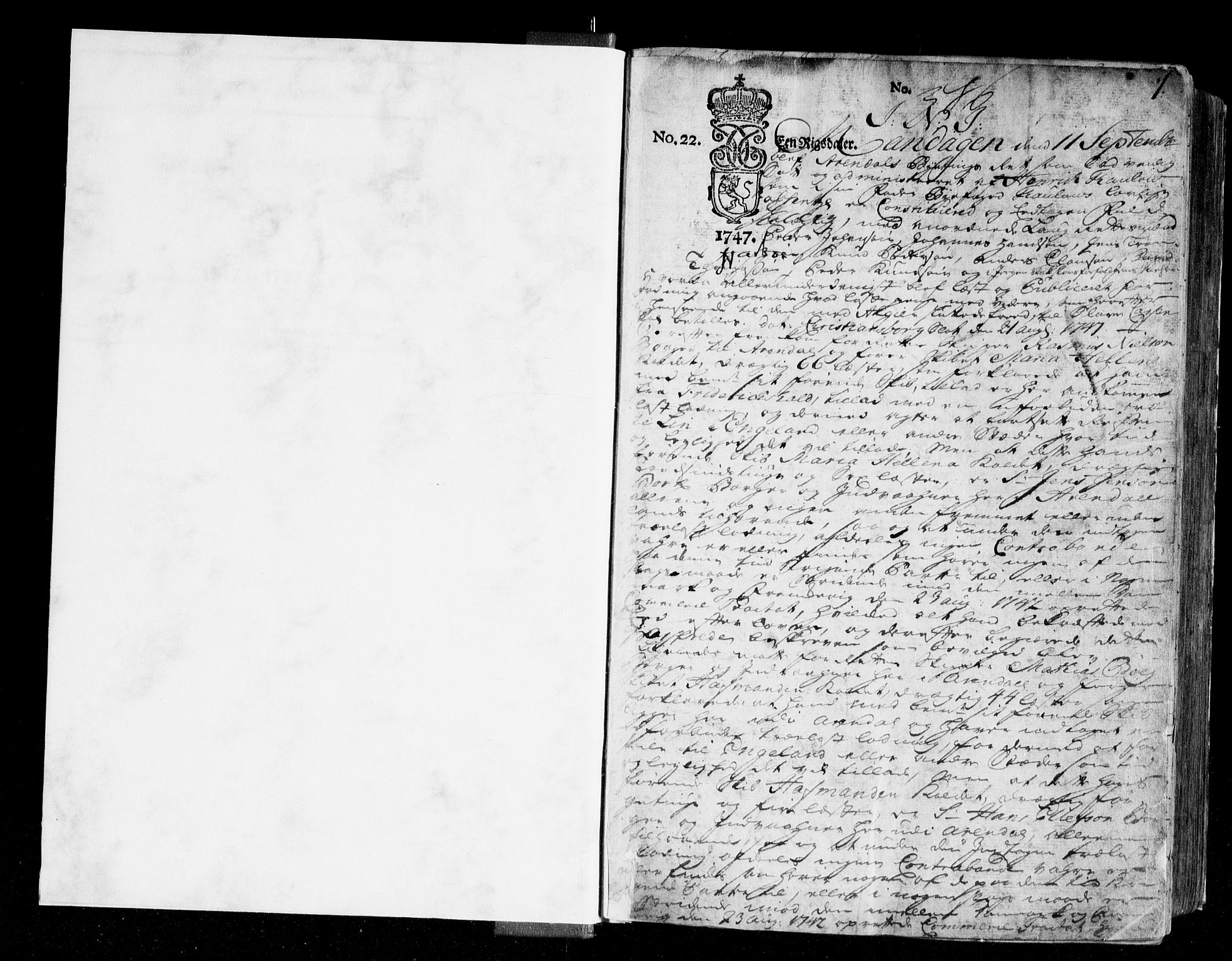 Arendal byfogd, SAK/1222-0001/F/Fa/L0008: Justisprotokoll for Arendal og Risør, 1747-1752, s. 0b-1a