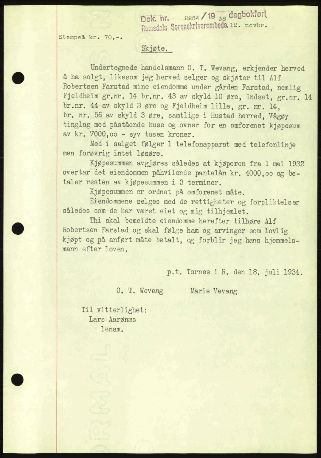 Romsdal sorenskriveri, SAT/A-4149/1/2/2C: Pantebok nr. A5, 1938-1938, Dagboknr: 2254/1938
