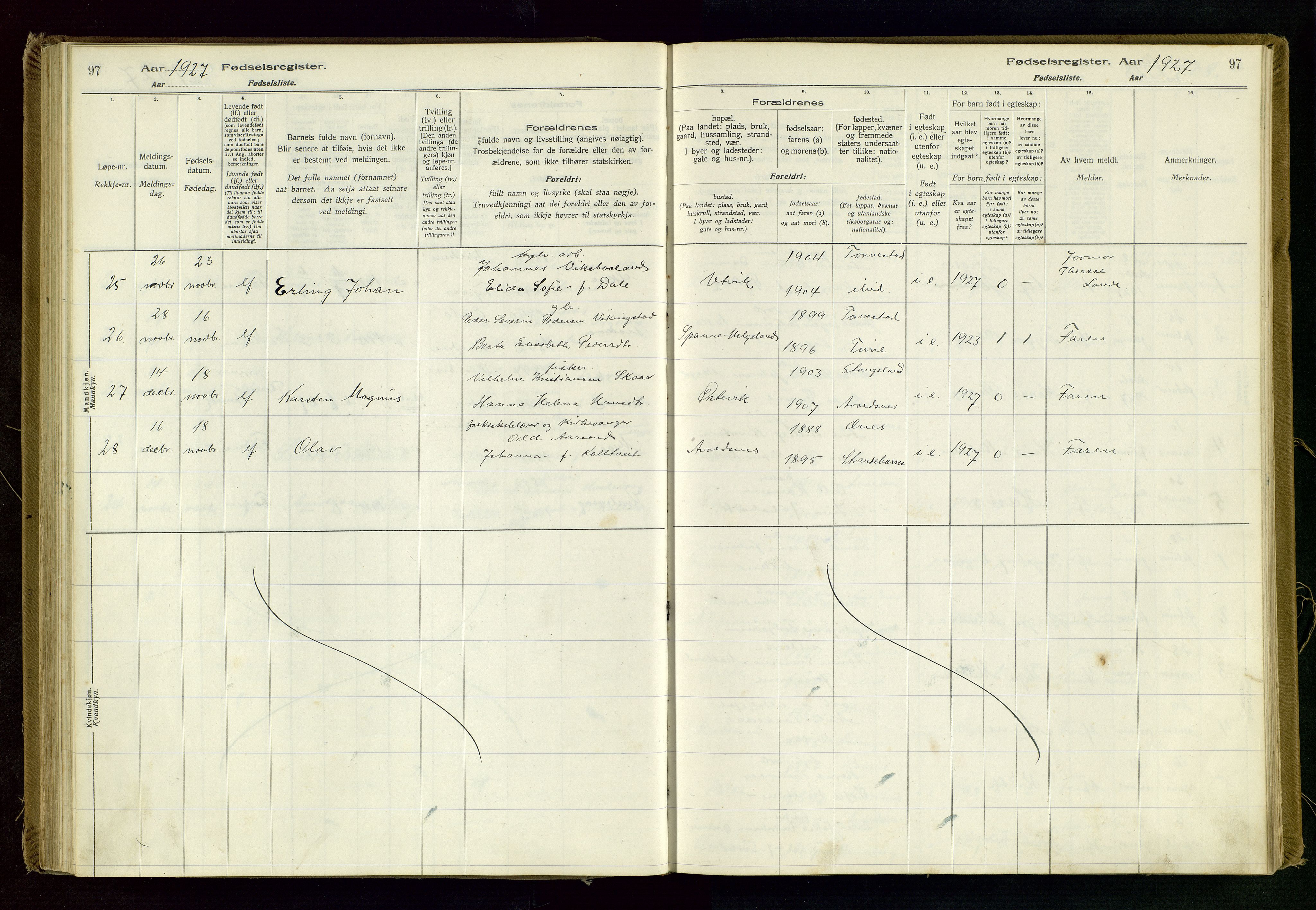 Avaldsnes sokneprestkontor, SAST/A -101851/I/Id/L0001: Fødselsregister nr. 1, 1916-1946, s. 97