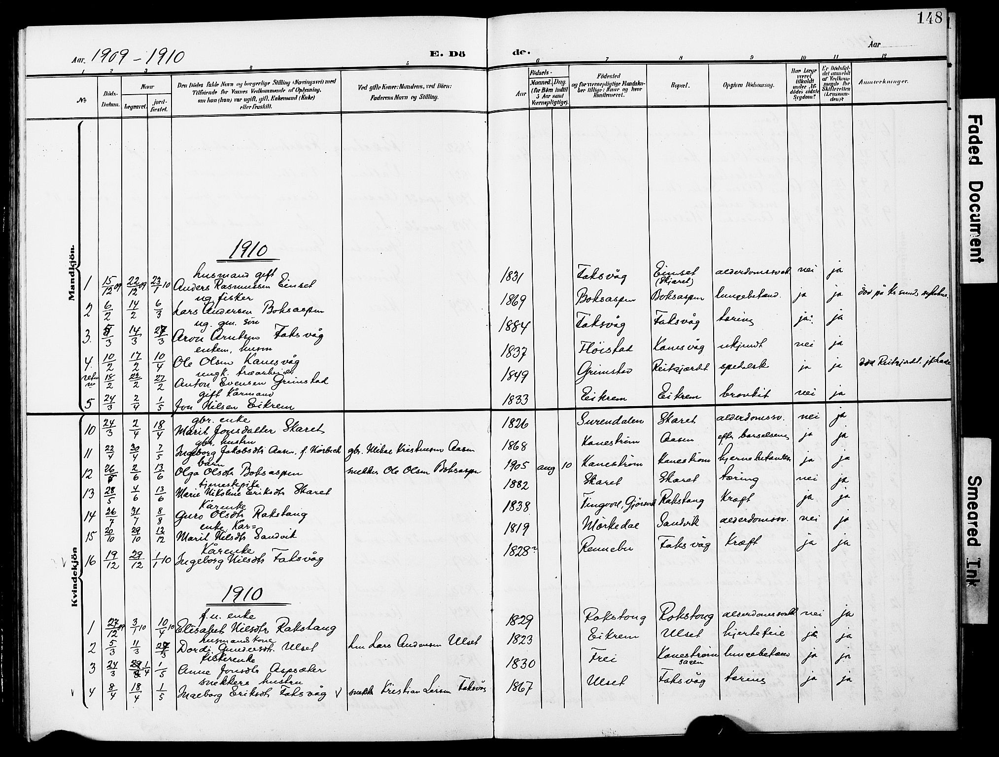 Ministerialprotokoller, klokkerbøker og fødselsregistre - Møre og Romsdal, AV/SAT-A-1454/587/L1001: Klokkerbok nr. 587C01, 1906-1927, s. 148