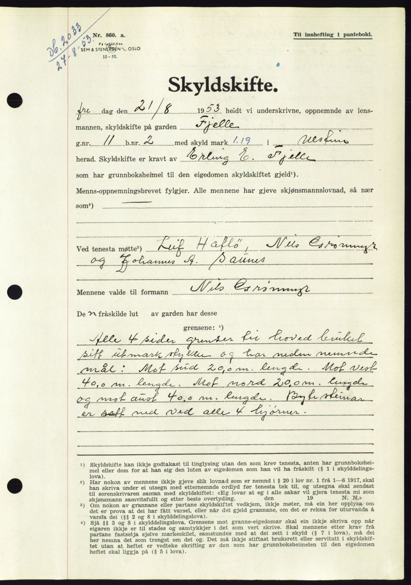 Søre Sunnmøre sorenskriveri, AV/SAT-A-4122/1/2/2C/L0095: Pantebok nr. 21A, 1953-1953, Dagboknr: 2033/1953