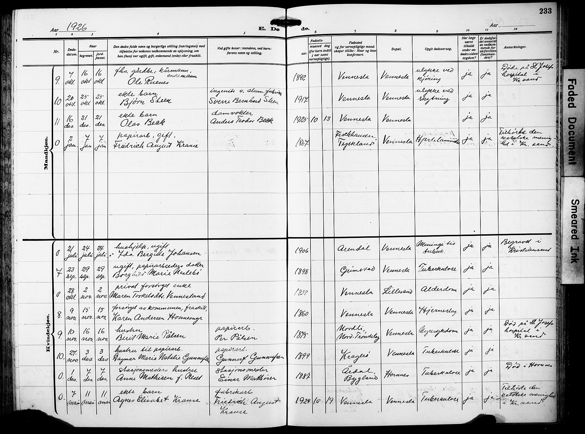 Vennesla sokneprestkontor, AV/SAK-1111-0045/Fb/Fbb/L0007: Klokkerbok nr. B 7, 1922-1933, s. 233