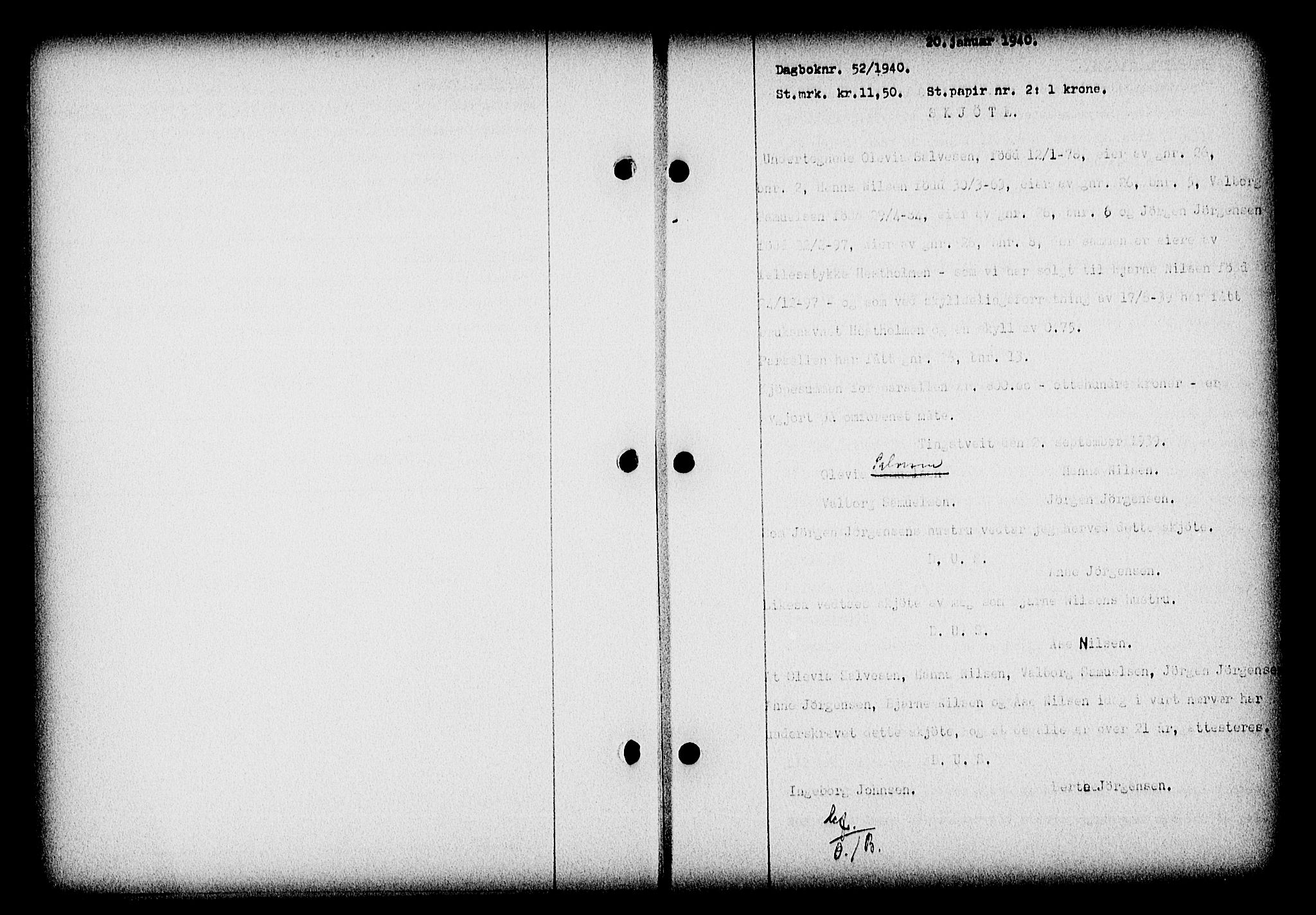 Nedenes sorenskriveri, SAK/1221-0006/G/Gb/Gba/L0047: Pantebok nr. A-I, 1939-1940, Dagboknr: 52/1940