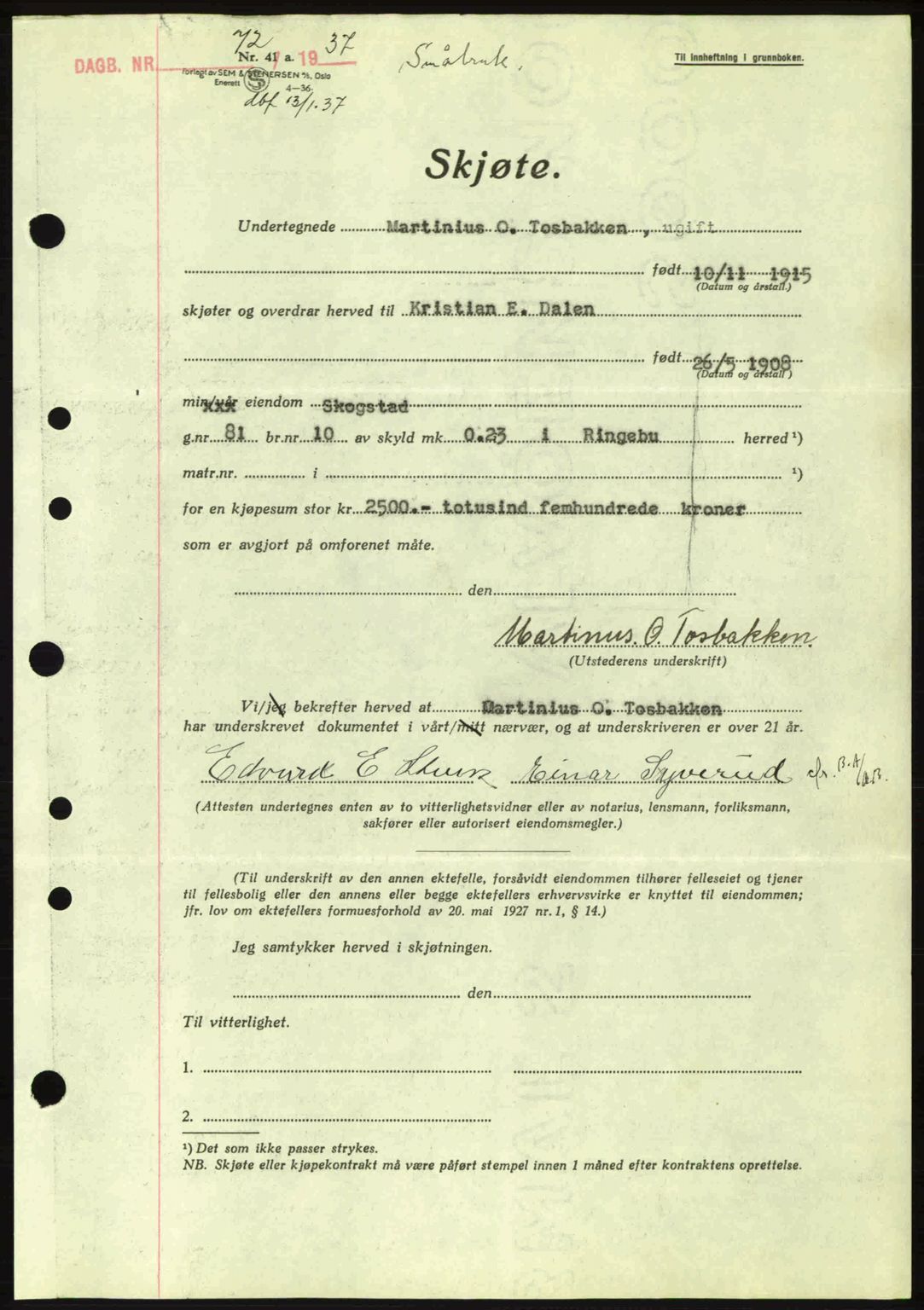 Sør-Gudbrandsdal tingrett, SAH/TING-004/H/Hb/Hbd/L0002: Pantebok nr. A2, 1936-1937, Dagboknr: 72/1937