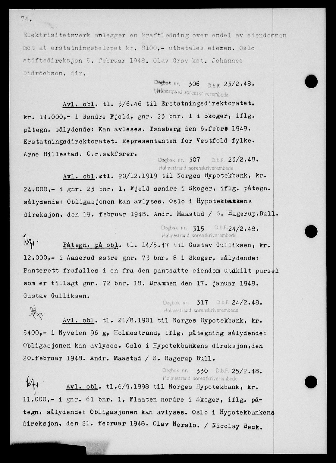 Holmestrand sorenskriveri, SAKO/A-67/G/Ga/Gab/L0058: Pantebok nr. B-58, 1947-1948, s. 74, Dagboknr: 306/1948