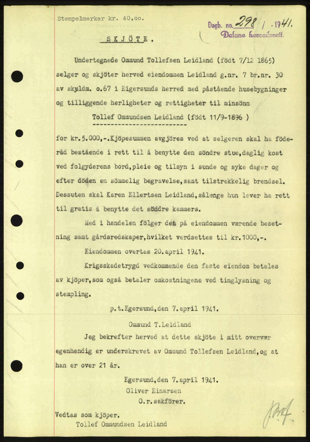 Dalane sorenskriveri, SAST/A-100309/02/G/Gb/L0044: Pantebok nr. A5, 1940-1941, Dagboknr: 298/1941