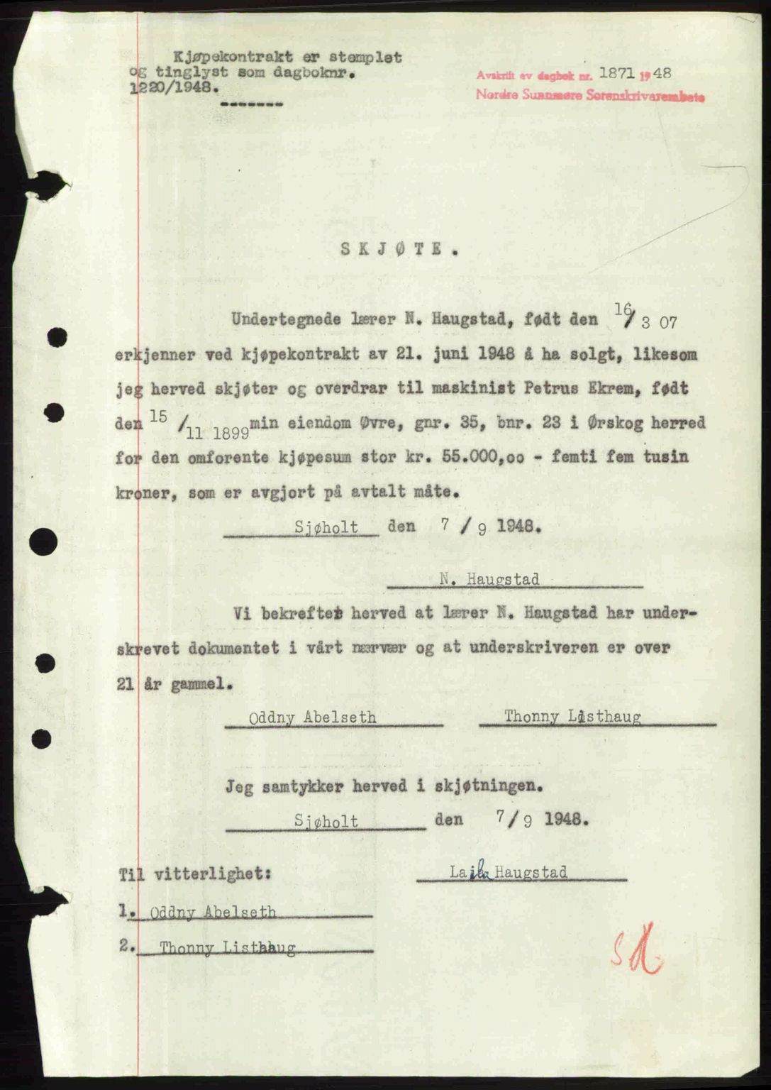 Nordre Sunnmøre sorenskriveri, AV/SAT-A-0006/1/2/2C/2Ca: Pantebok nr. A28, 1948-1948, Dagboknr: 1871/1948