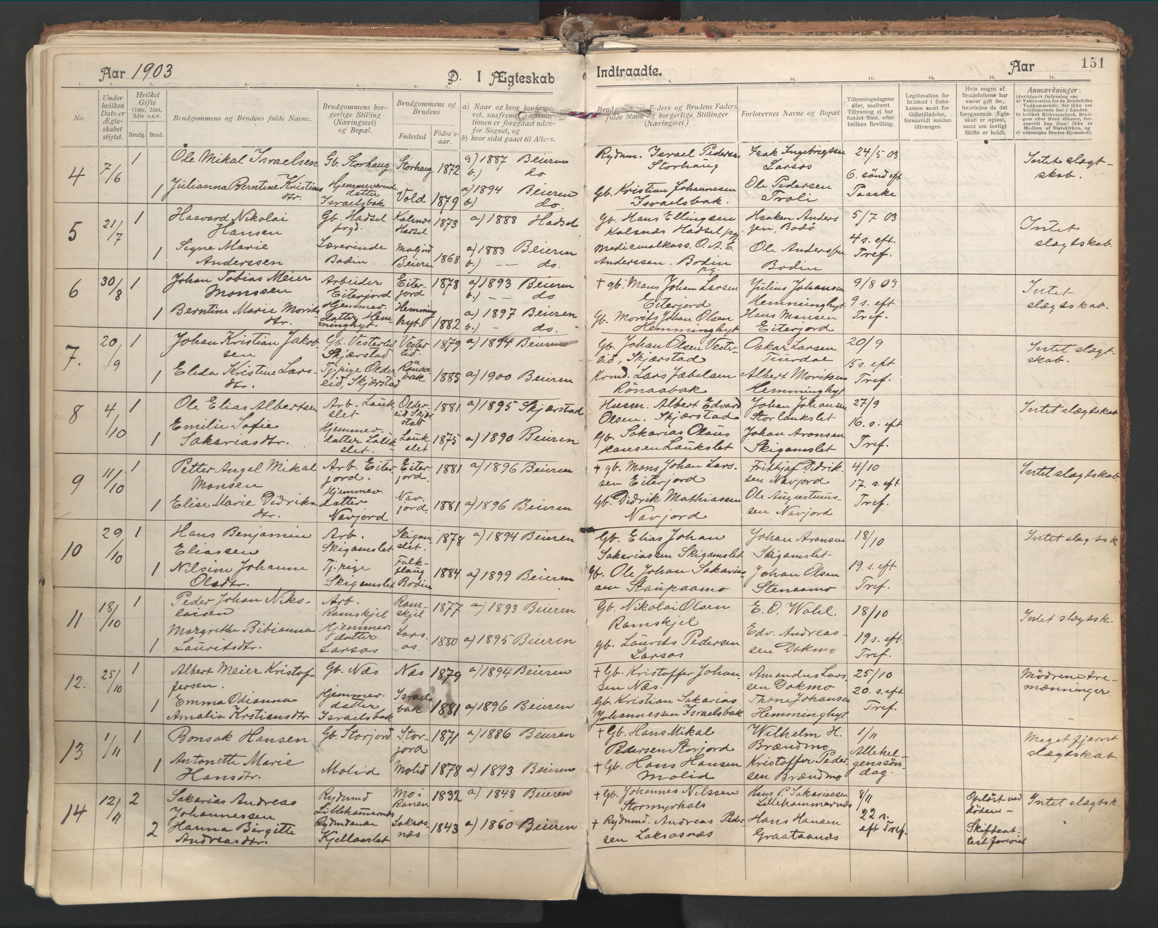 Ministerialprotokoller, klokkerbøker og fødselsregistre - Nordland, AV/SAT-A-1459/846/L0647: Ministerialbok nr. 846A05, 1902-1915, s. 151