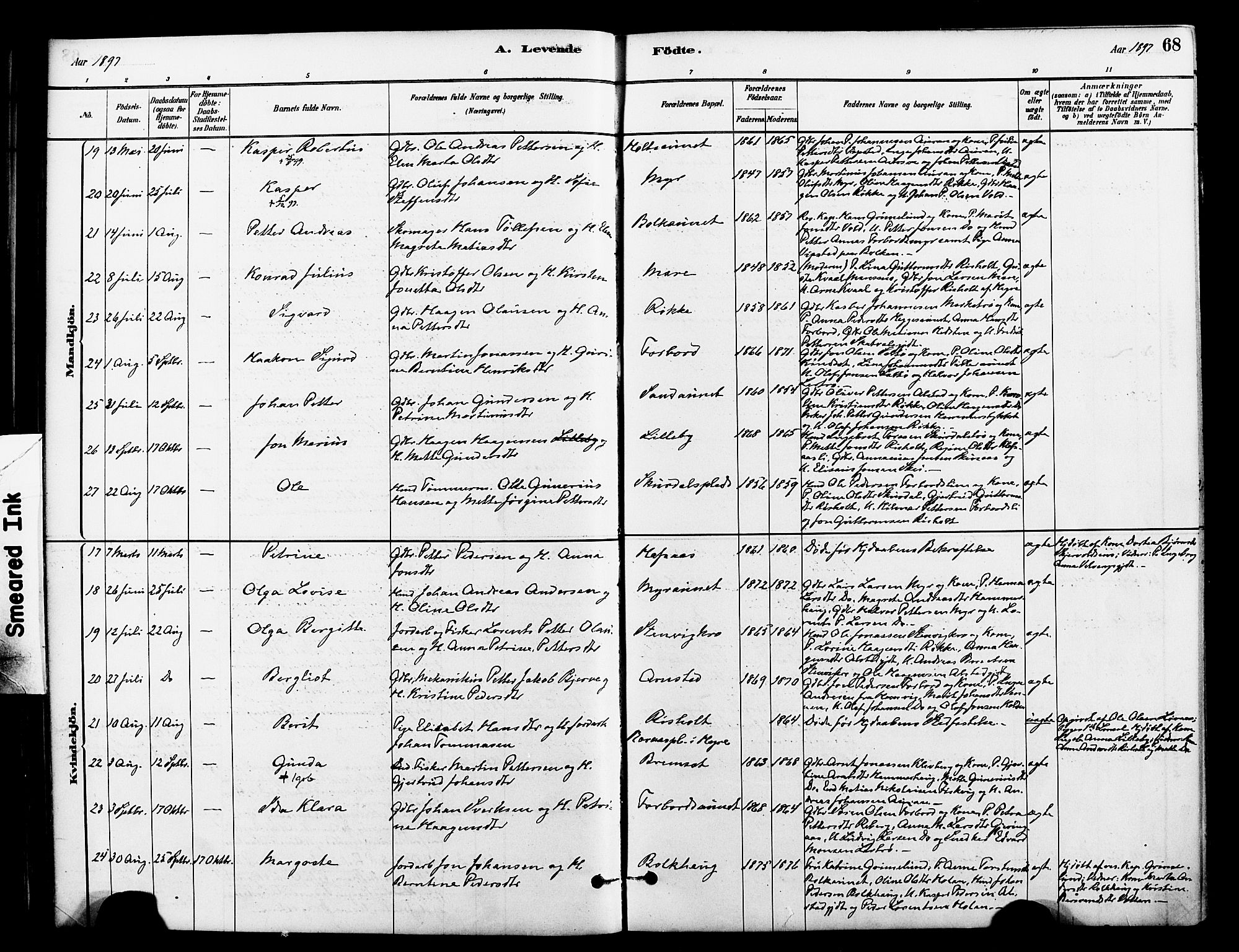 Ministerialprotokoller, klokkerbøker og fødselsregistre - Nord-Trøndelag, AV/SAT-A-1458/712/L0100: Ministerialbok nr. 712A01, 1880-1900, s. 68