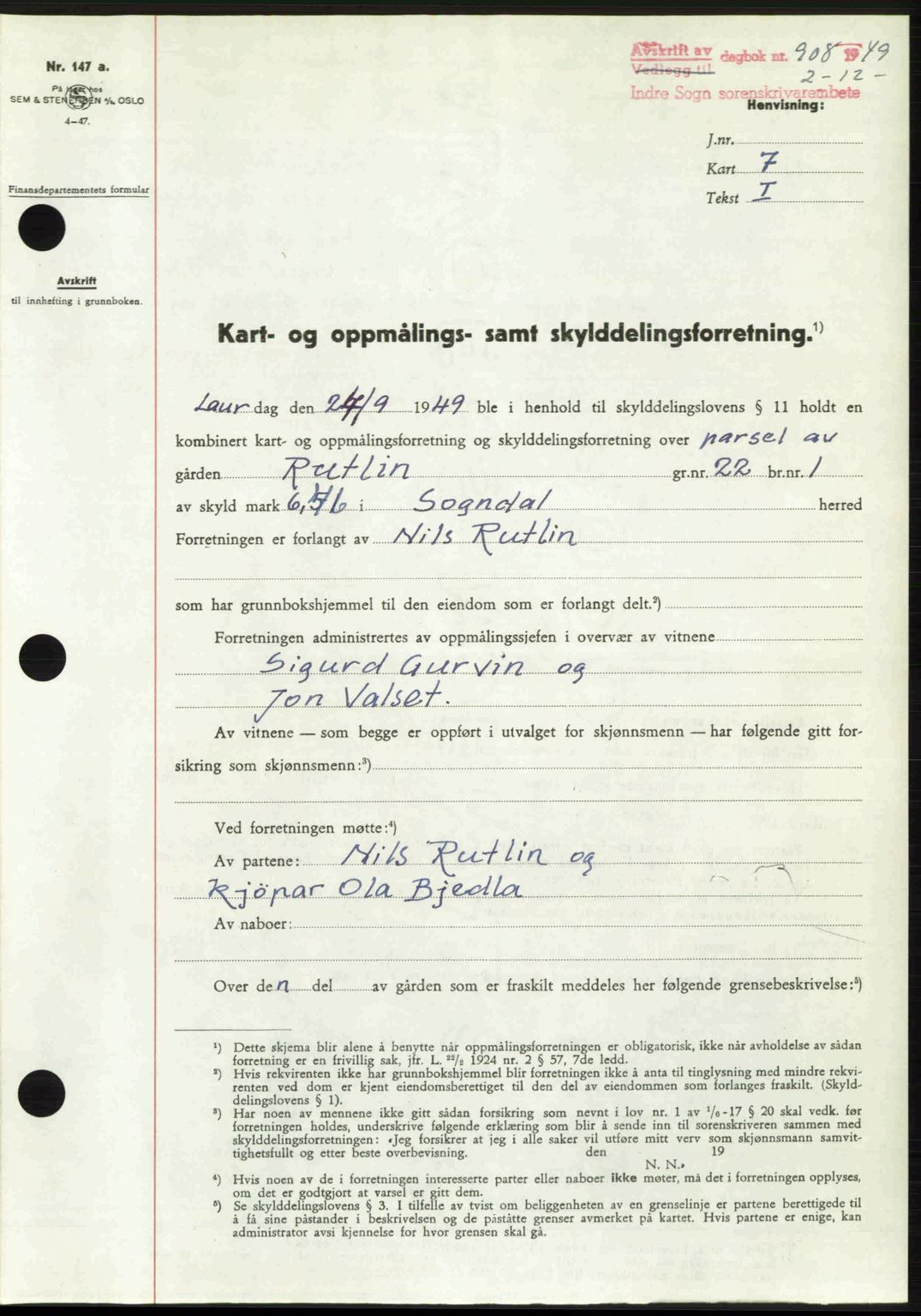 Indre Sogn tingrett, SAB/A-3301/1/G/Gb/Gbb/L0010: Pantebok nr. A10, 1949-1949, Dagboknr: 908/1949